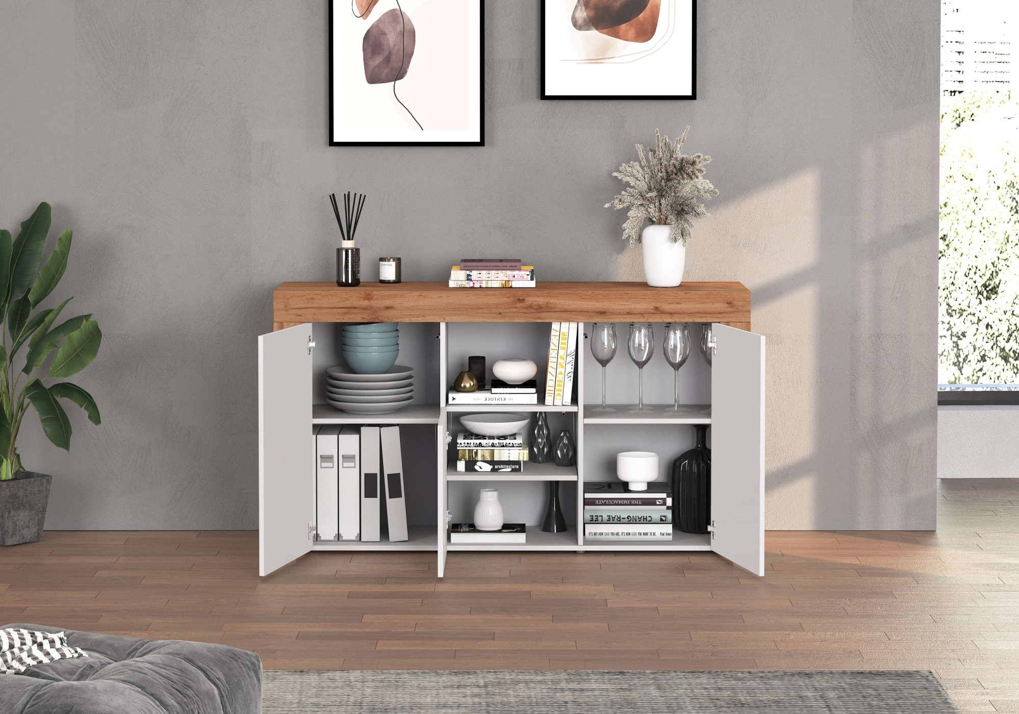 INOSIGN Sideboard »CHRONOS Breite 155 cm mit 3 Türen, 1 offenes und 6 geschlossene Fächer«, (1 St.), Sideboard,Kommode, Schrank, Grifflos mit Push to Open, Made in Italy