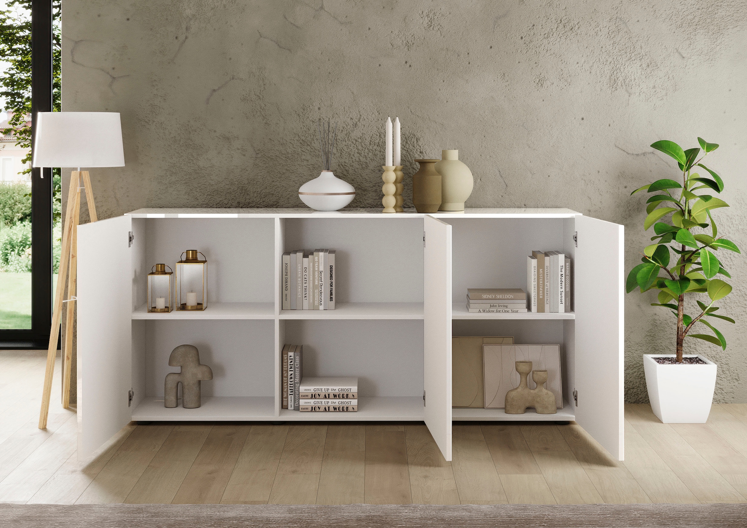 INOSIGN Sideboard »Rio Breite 181 cm, Kommode mit 3 Türen, Anrichte,«, geriffelte MDF-Fronten, modern u. elegant, viel Stauraum
