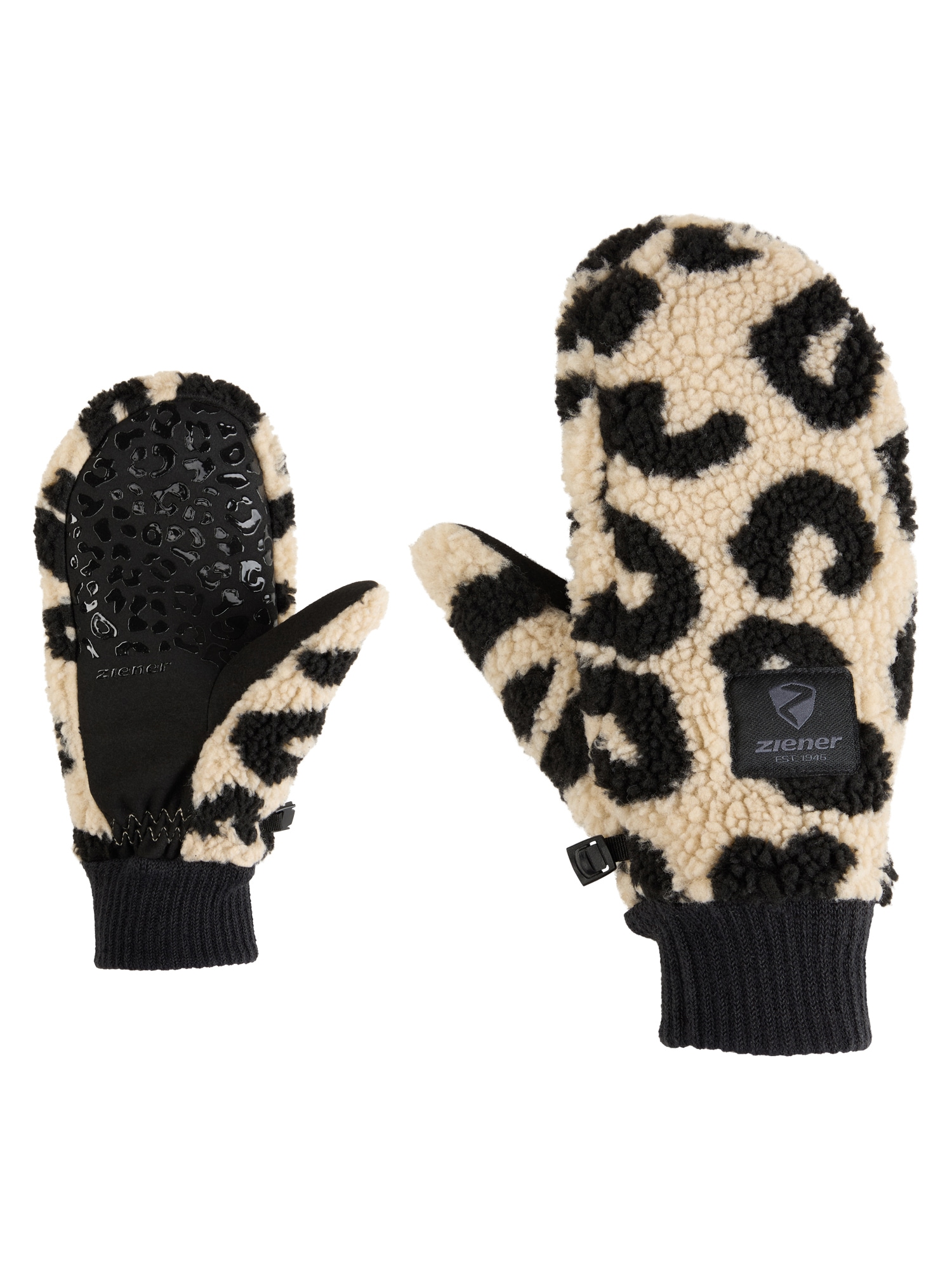 "Fäustlinge ZIENER ""ISHERPA-Z DAMEN"", Damen, Gr. L, beige (leo), Materialmix, Handschuhe Fäustlinge, Warm, Teddyfleece, Strickbündchen"