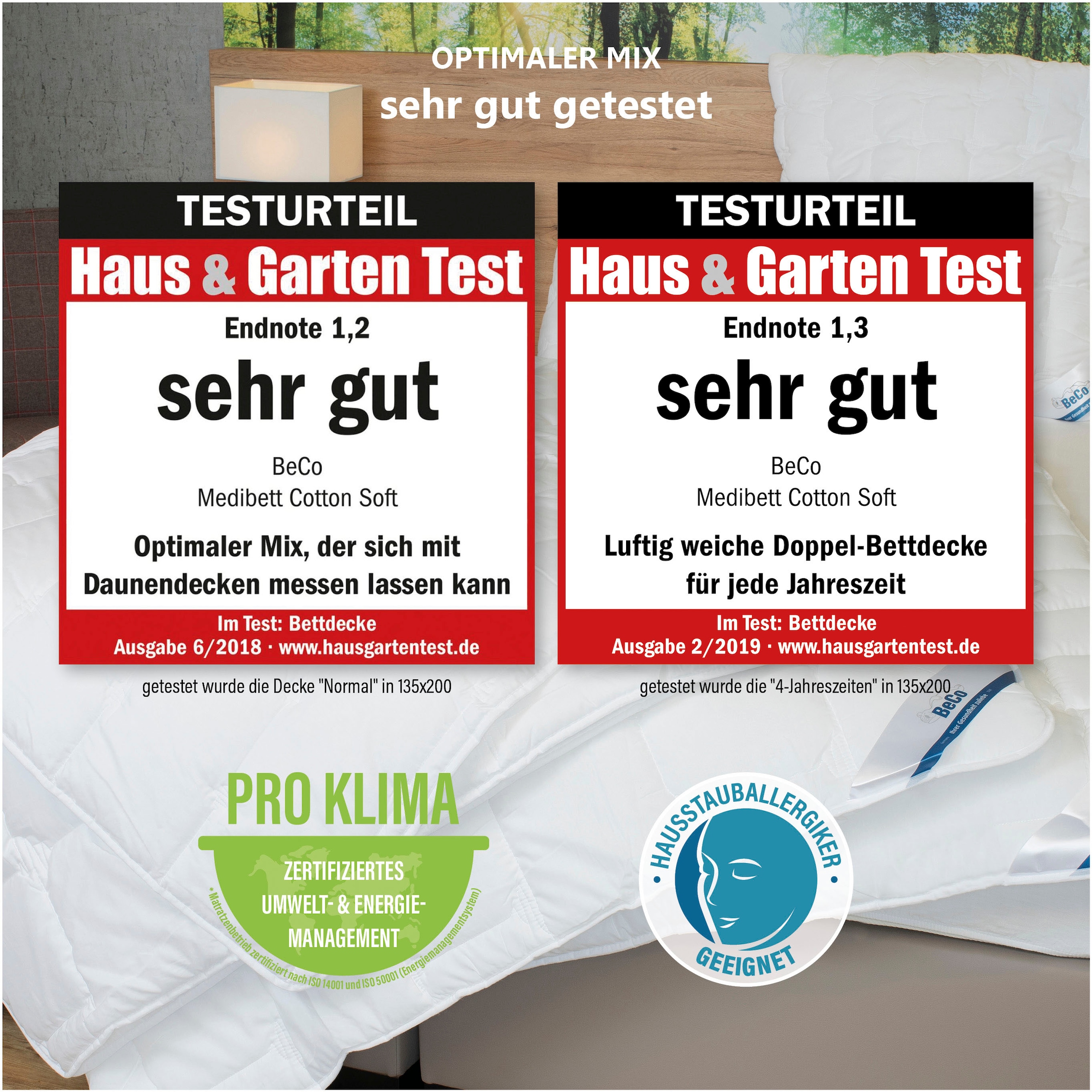 Beco Steppbett + Kopfkissen »Medibett Cotton Soft, Allergiker geeignet (Hausstauballegiker)«, (Set), 1x Bettdecke 135x200 cm & 1x Kopfkissen 80x80 cm