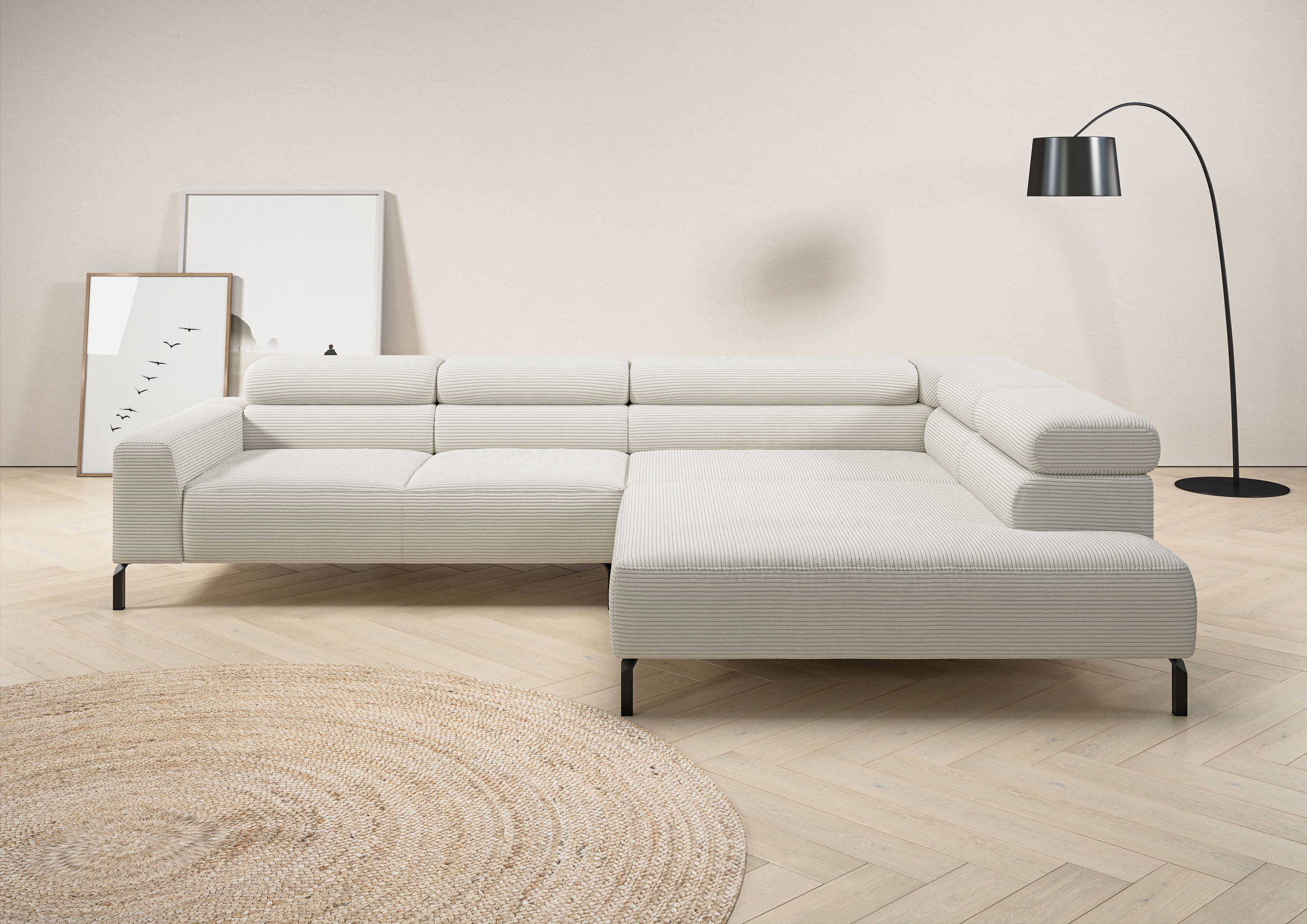 Home affaire Ecksofa "Antonelli, L-Form, incl. Kopfteilverstellung, Breite 312 cm" mit elektrischer Sitztiefenverstellung, in Cord, weiß