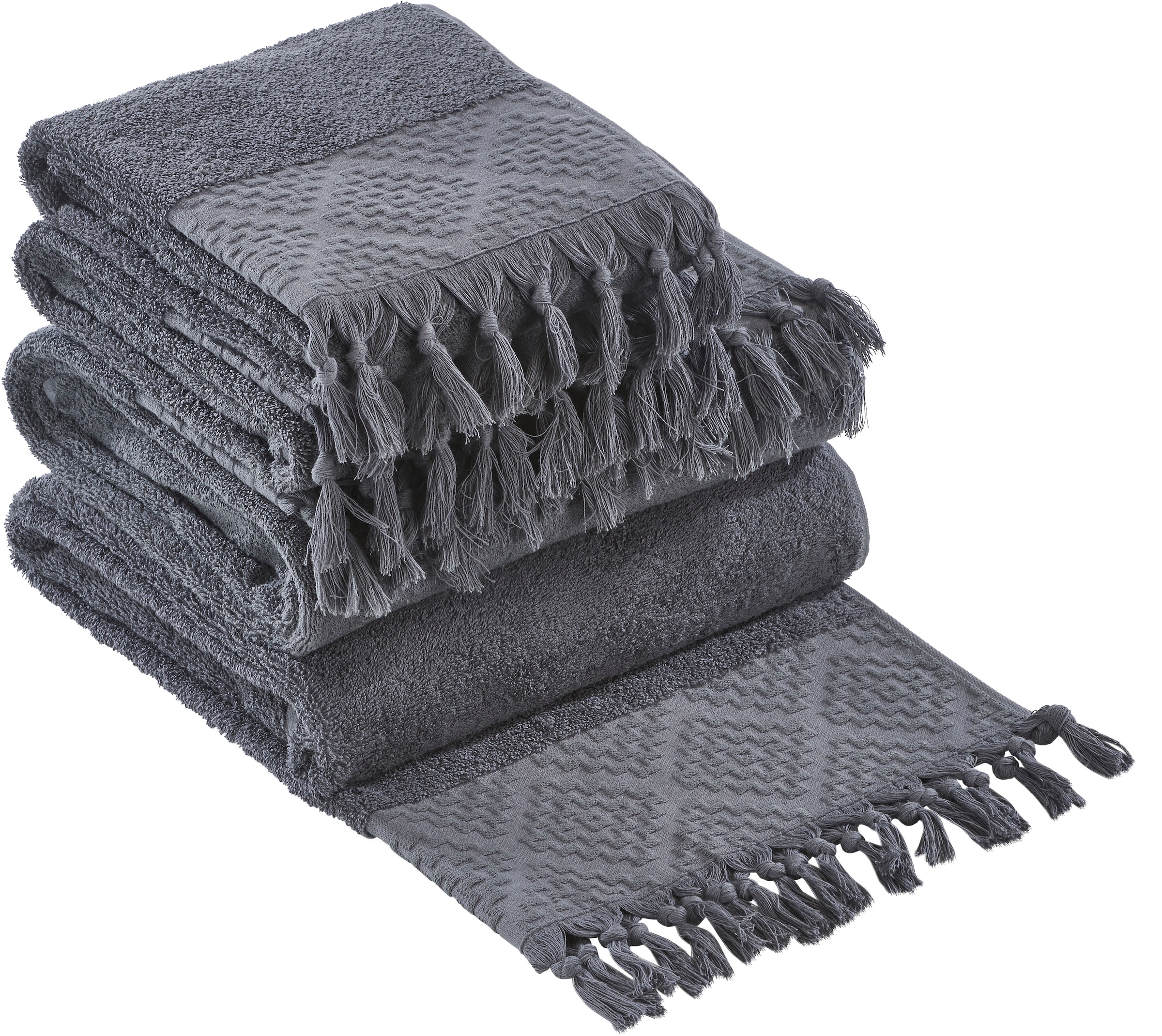 done.® Handtuch Set »Provence Bohéme«, (Set, 4 St., 2 Handtücher (50x100 cm)-2 Duschtücher (70x140 cm), Uni-Farben, Boho-Style, mit auffälliger Borte & Fransen
