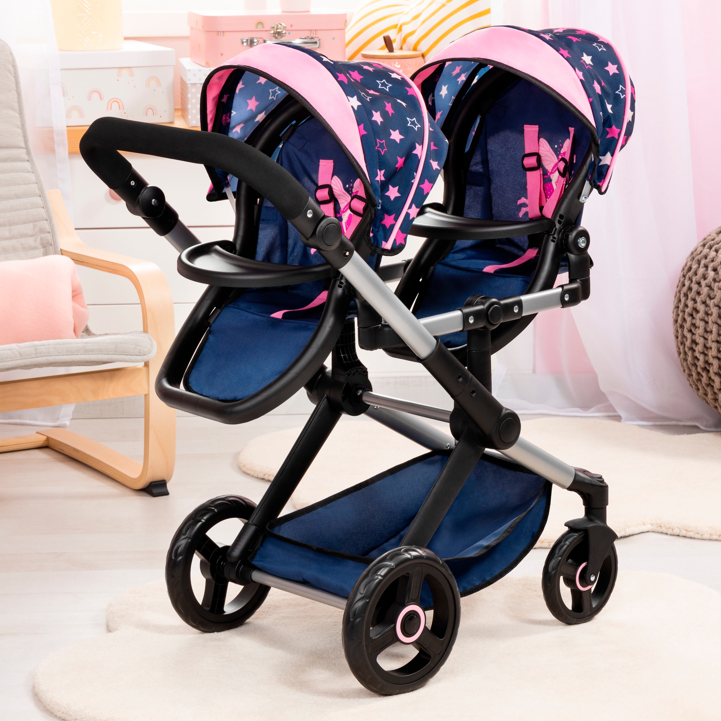 Bayer Puppen-Zwillingsbuggy »Xeo Twin blau/pink«, mit Wickeltasche