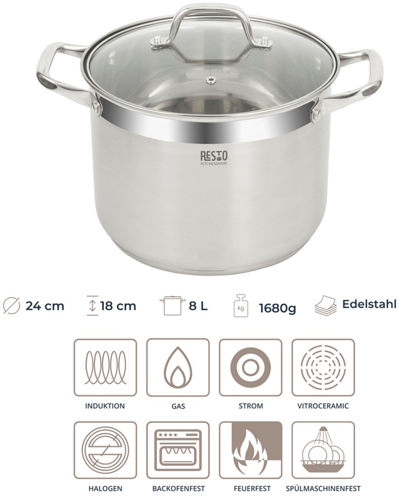 RESTO Kitchenware Kochtopf »Libra, Topf energiesparend und spülmaschinenfest«, Edelstahl 18/10, (2 tlg.), mit hitzebeständigem Glasdeckel und Griffen