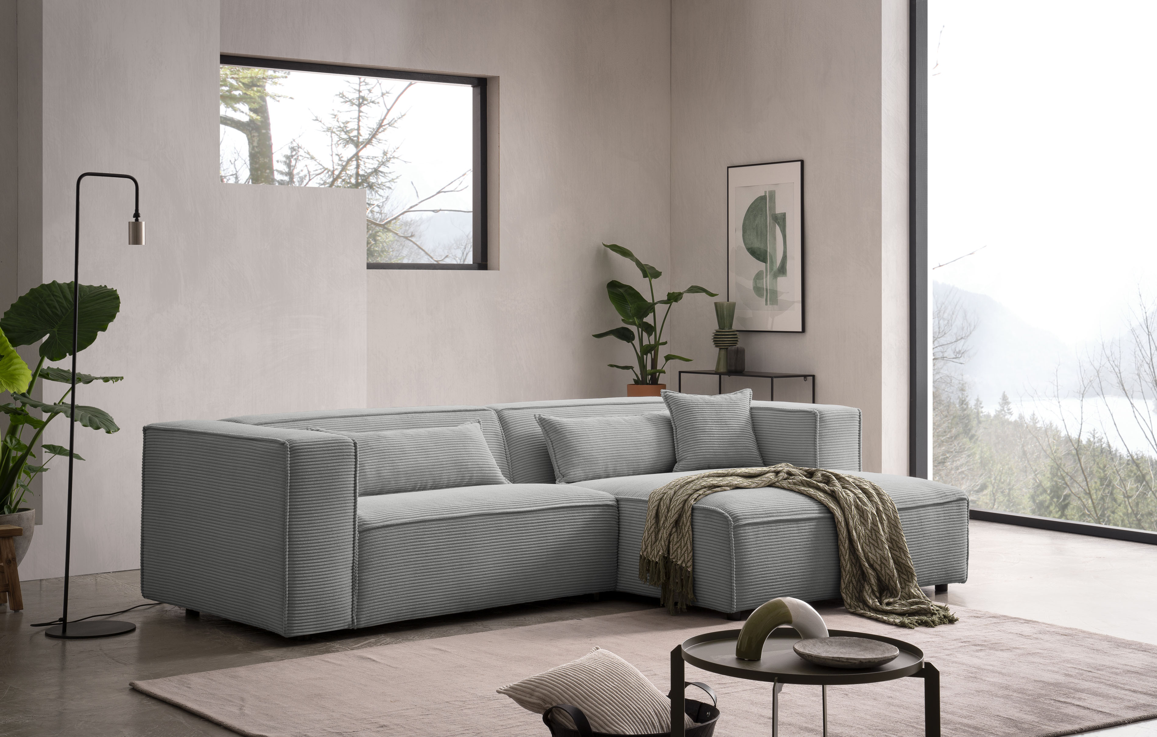 LeGer Home by Lena Gercke Ecksofa "PIARA Cord mit Kedernaht L-Form" wahlweise Ottomane rechts/links, schwarze Füße, bequemer Sitzkomfort