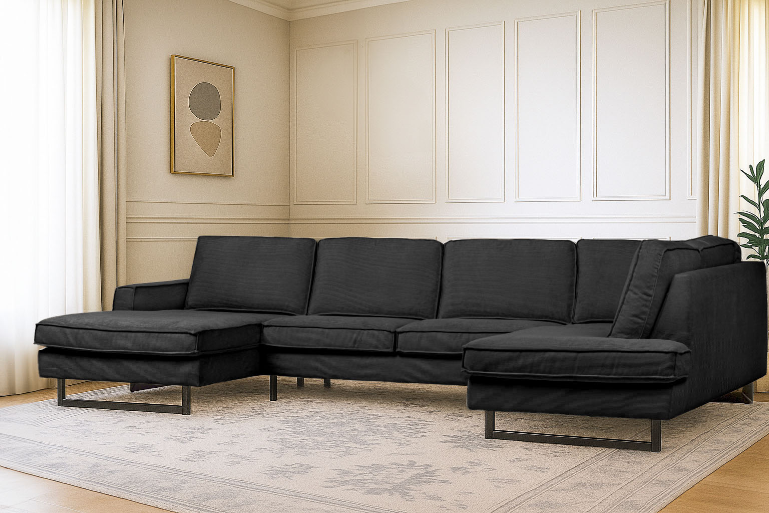 OTTO home Wohnlandschaft "Pinto, 350 cm, U-Form, XXL, mit Ottomanen" Cord, Chenille, Lederoptik, mit Keder, Metallfüße, Wellenunterfederung
