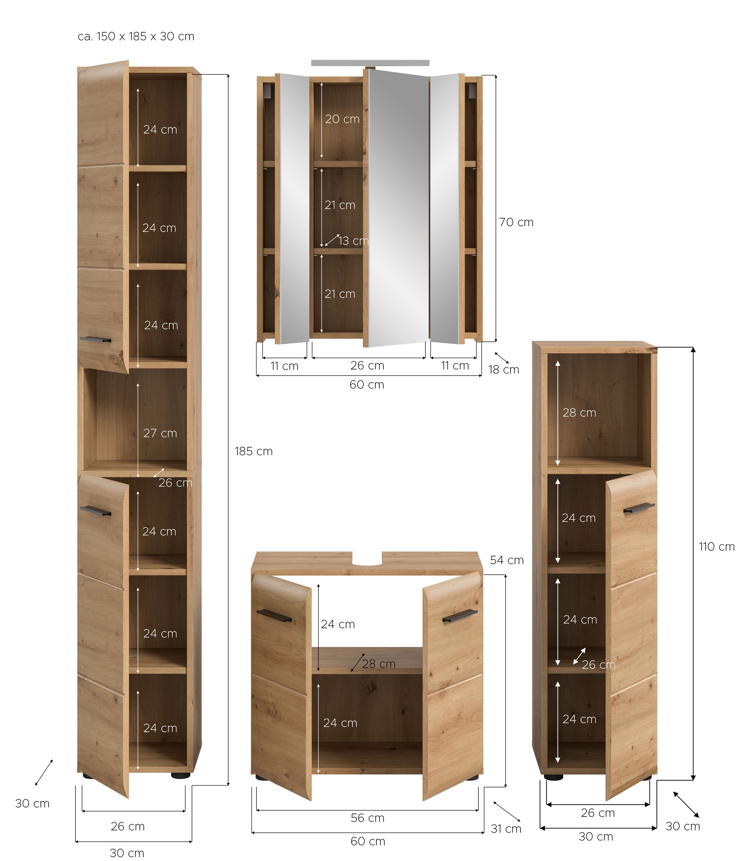 INOSIGN Badezimmer-Set, (Set, 5 St.), Florenz, Badkombination 5-tlg.,Artisan Oak NB,l inkl Beleuchtung