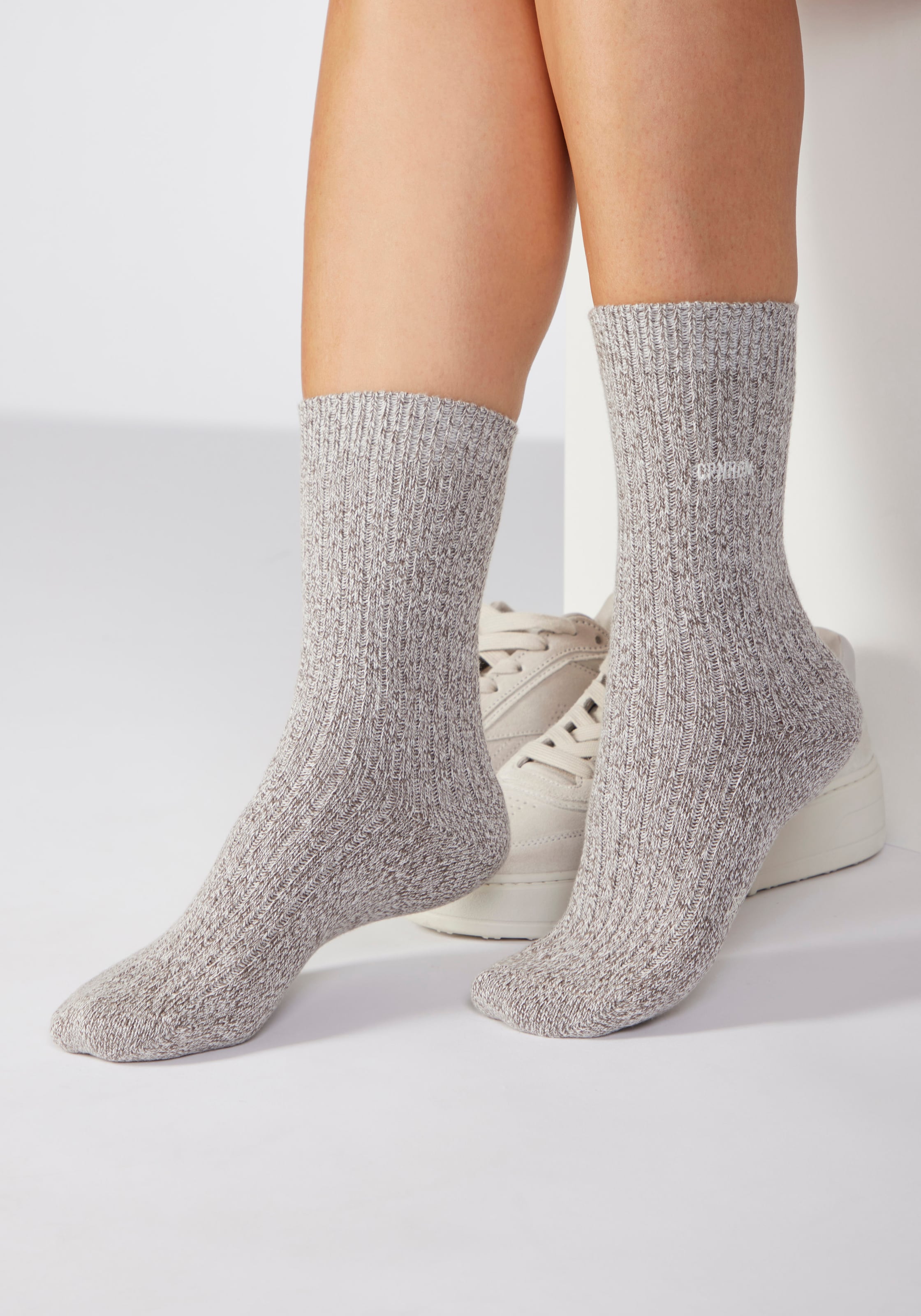 Damen Basicsocken, COPENHAGEN STUDIOS, Gr. 351x taupe meliert, Baumwollmischung, melange, Socken, gerippt mit Logo Stickerei