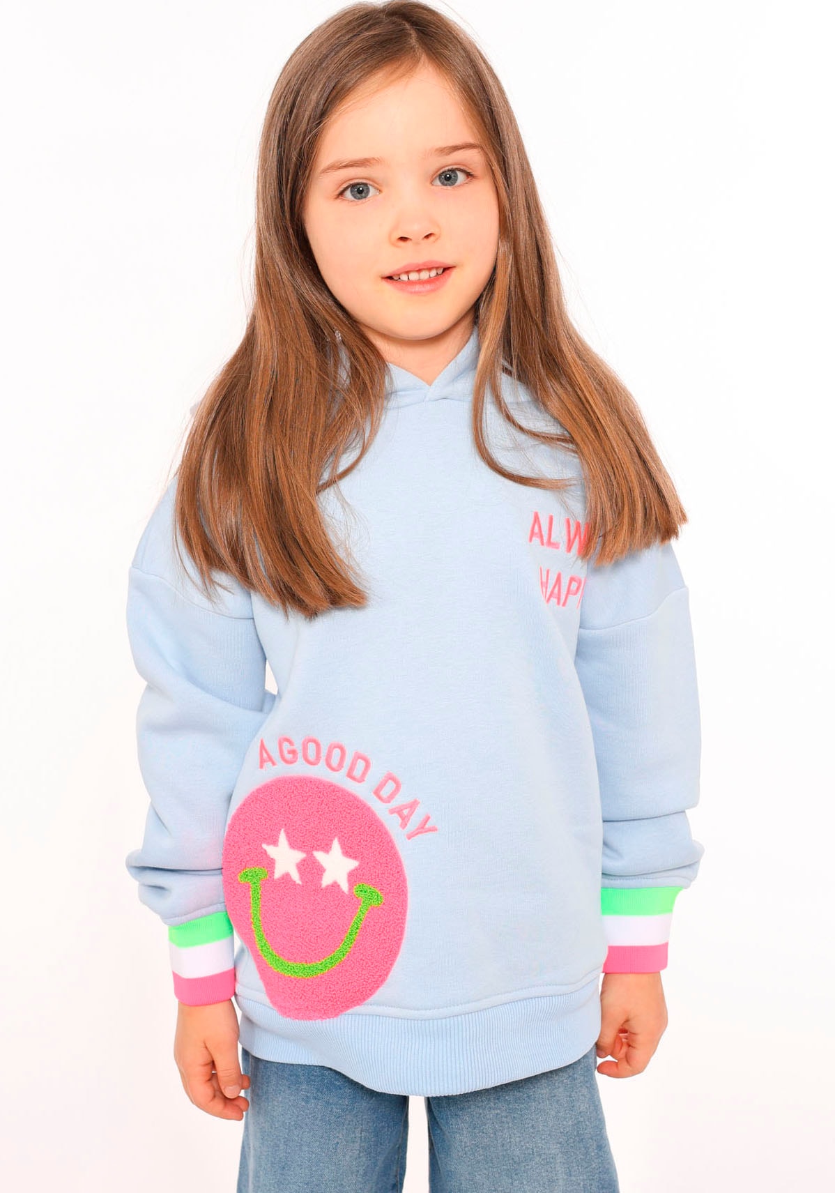 Zwillingsherz Hoodie »"Always Happy" Kids«, mit großem Smiley und neonfarbenen Details