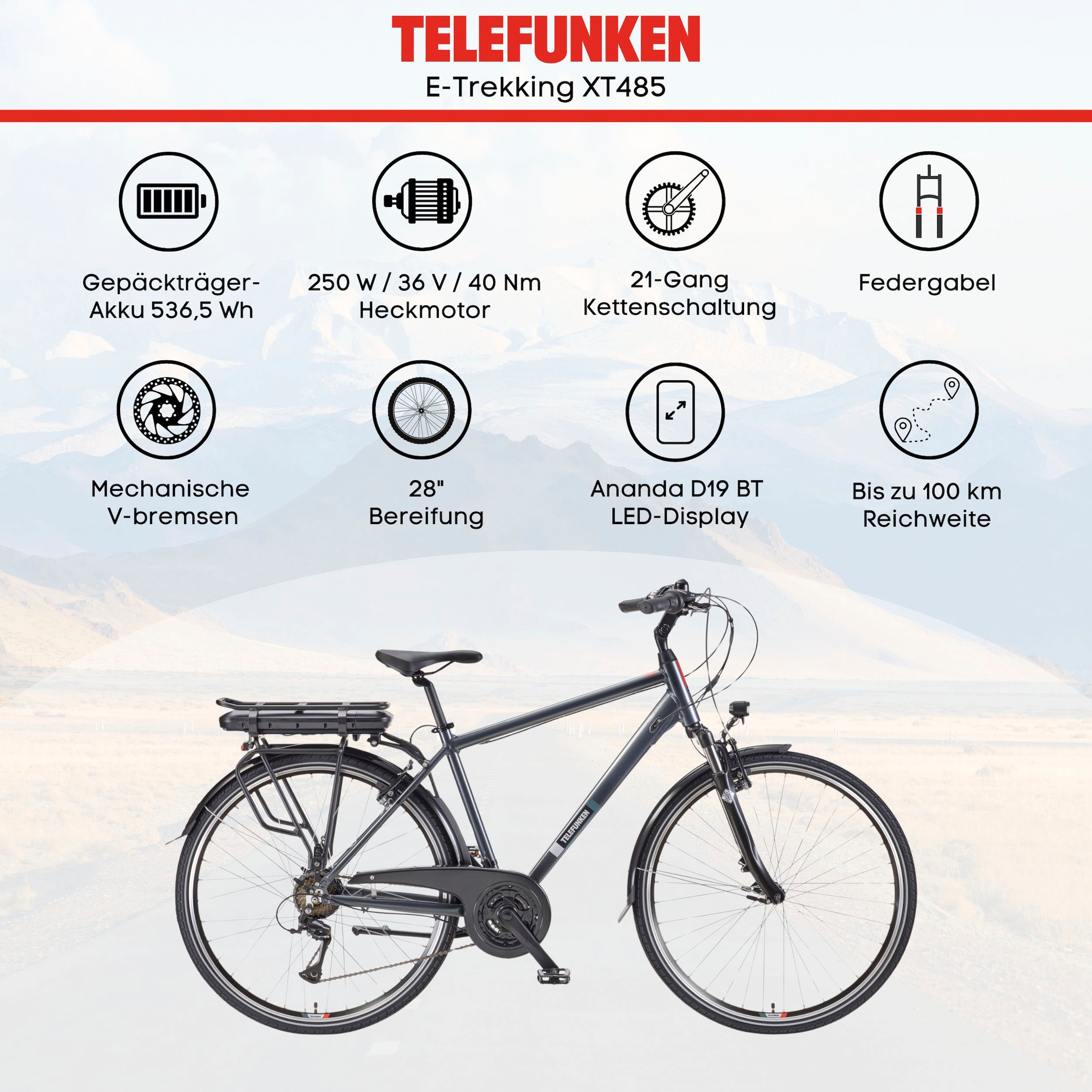 Telefunken E-Bike »E-Trekking Expedition XT485 Herren«, 21 Gang, Shimano, Acera, Heckmotor 250 W, Pedelec, Elektrofahrrad, Trekkingrad, Herren, innerhalb StVZO, 28 Zoll