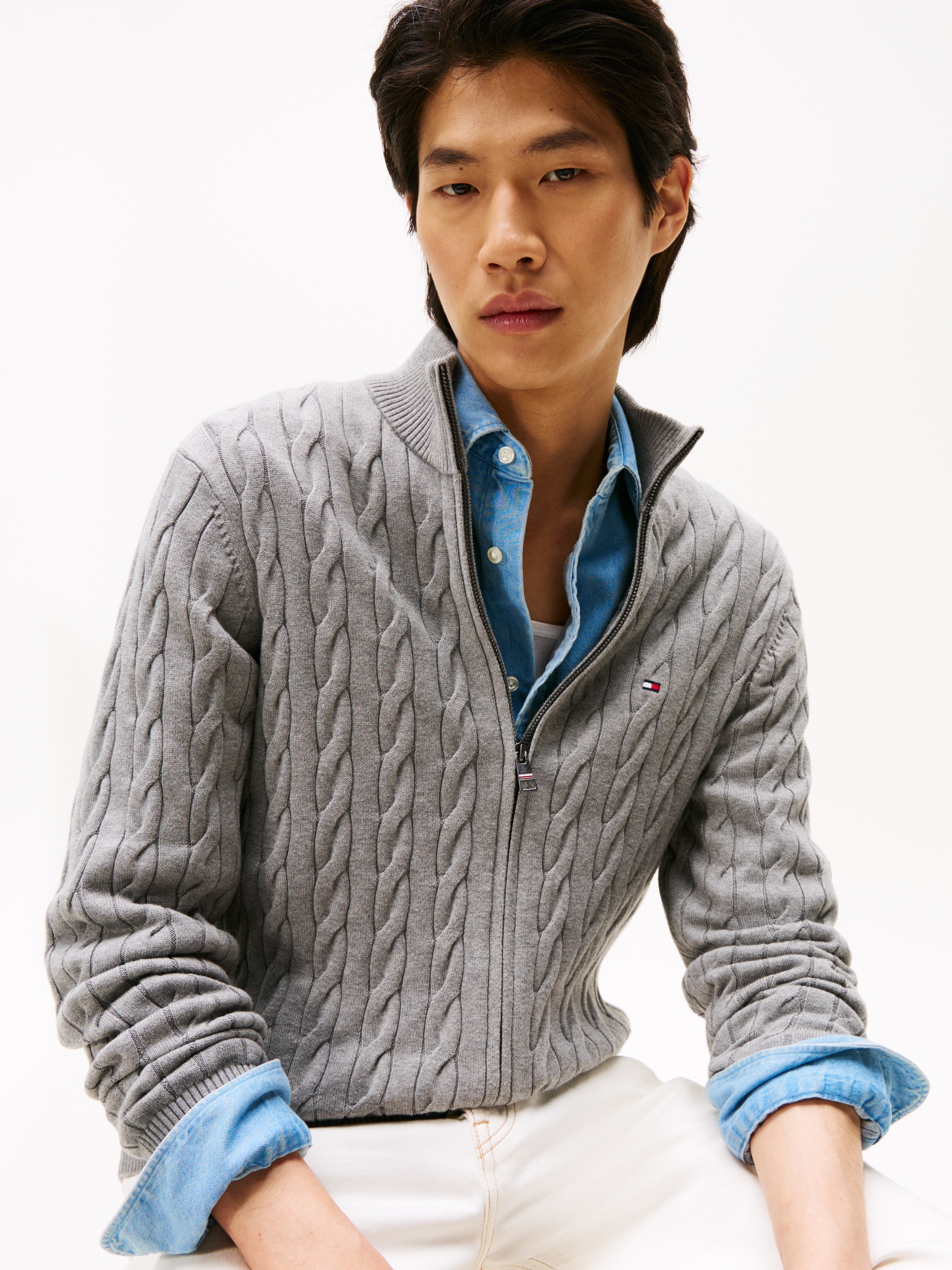 Tommy Hilfiger Strickjacke "CLASSIC COTTON CABLE ZIP THROUGH", mit Rippstri günstig online kaufen