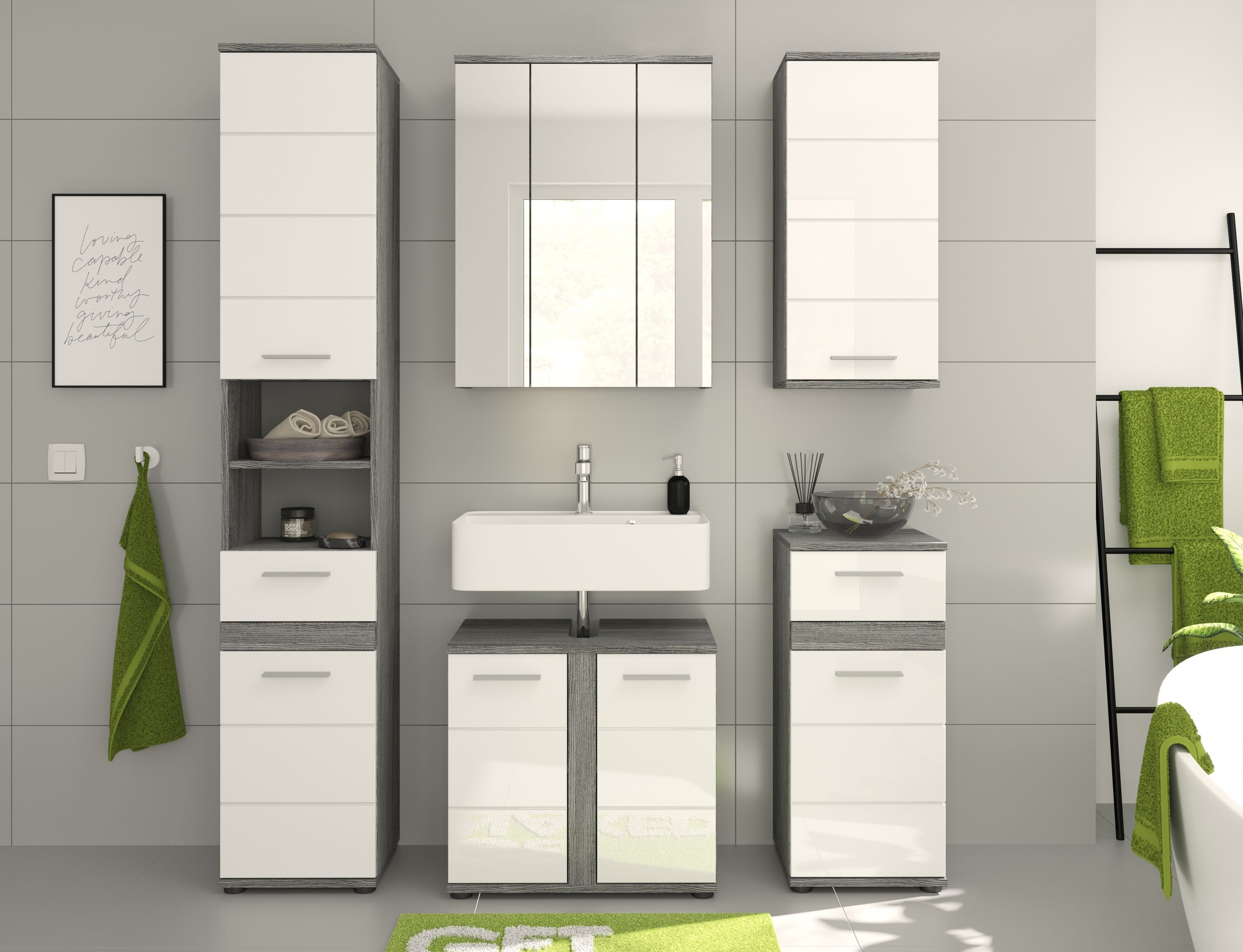 welltime Badmöbel-Set »LUCCA, 5-teilig, TOPSELLER!, MDF Hochglanzfront, bestehend aus:«, (Set, 5 St.), Hochschrank, WBU, Spiegel, Unterschrank, Hängeschrank