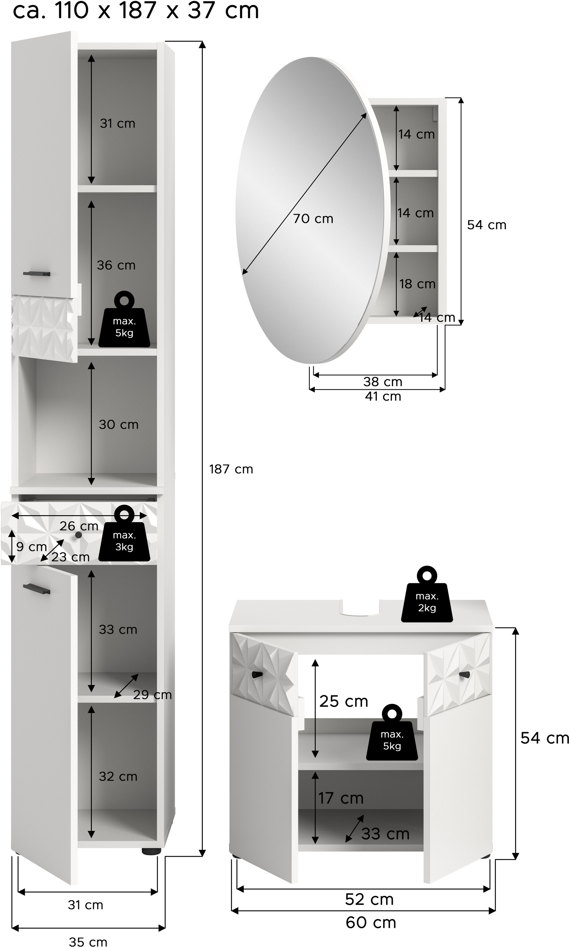 INOSIGN Badezimmer-Set »VICENZA, TOPSELLER!, Breite 110cm, 3-teilig, mit Ornamentabsetzung«, (best. aus: Hochschrank, Waschbeckenunterschrank und Spiegelschrank), Hochschrank, Waschbeckenunterschrank und Spiegelschrank