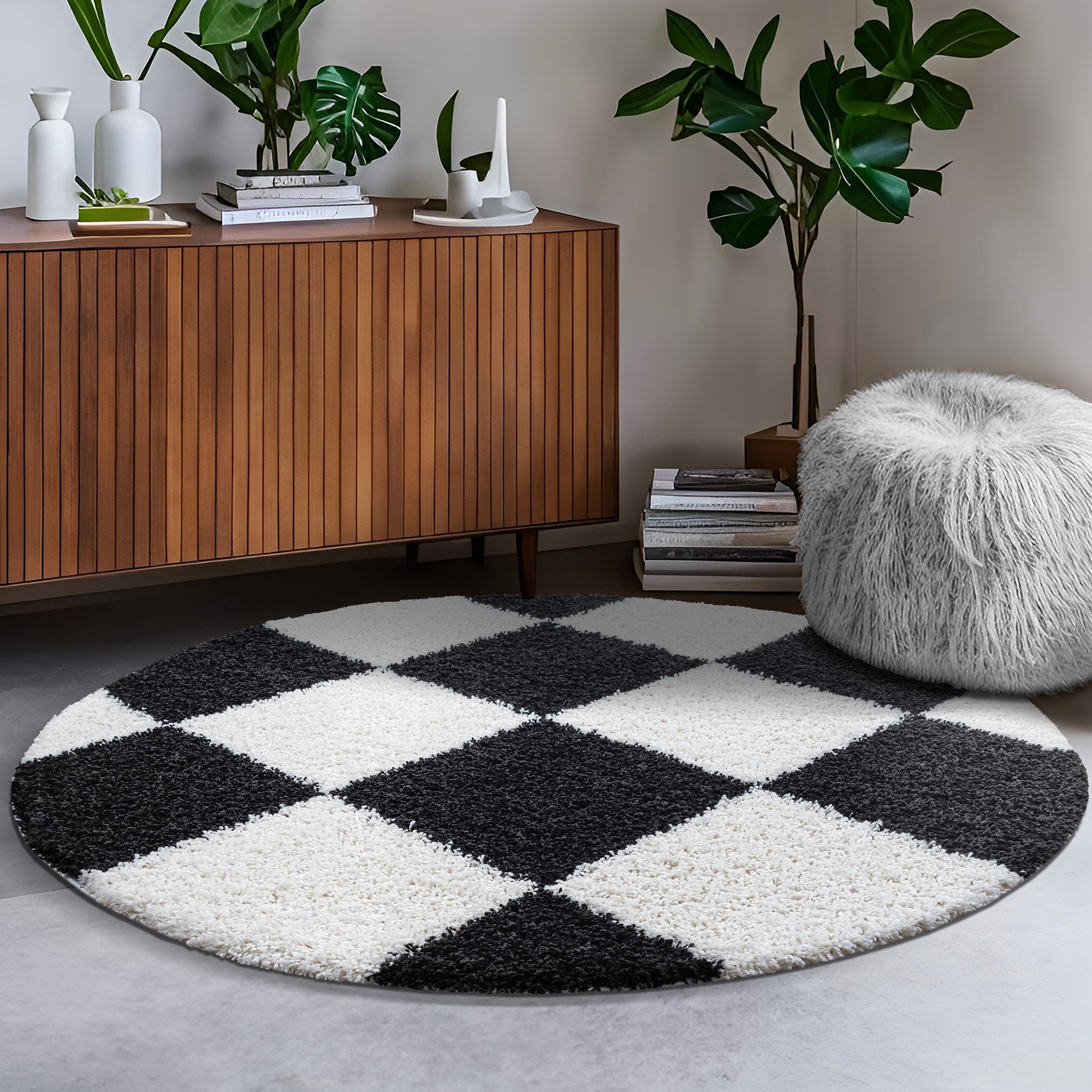Sanat "Milano 1250, auch als Läufer und in Rund" rund 30 mm Höhe Hochflor, Shaggy, Karo, Wohnzimmer, Schlafzimmer