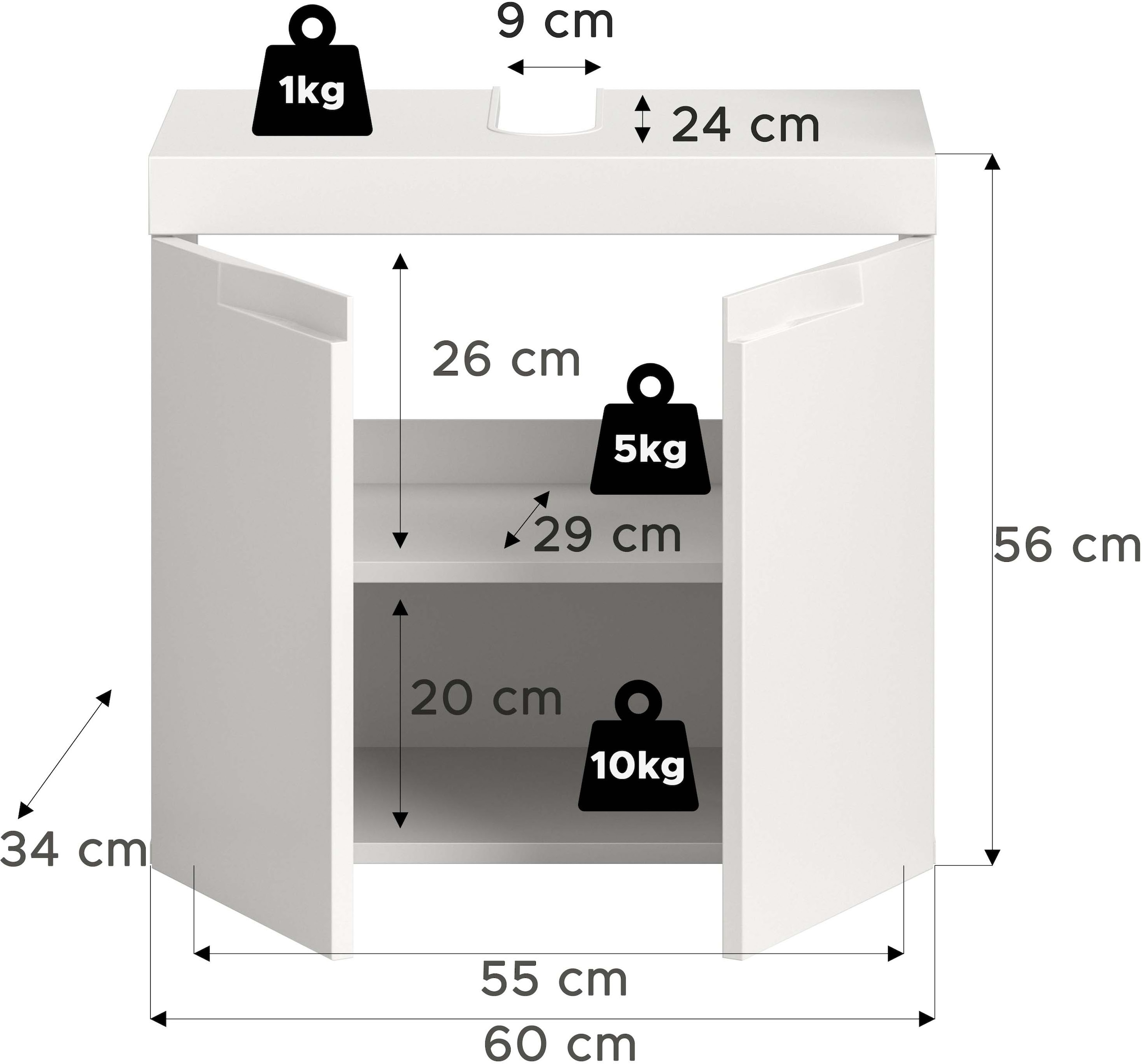 OTTO home Waschbeckenunterschrank »MAOI, Breite 60cm, 2 Türen, 2 Fächer, 1 Einlegeboden« Badezimmerschrank, Unterschrank, Kommode, WBU, Bad, Badezimmer