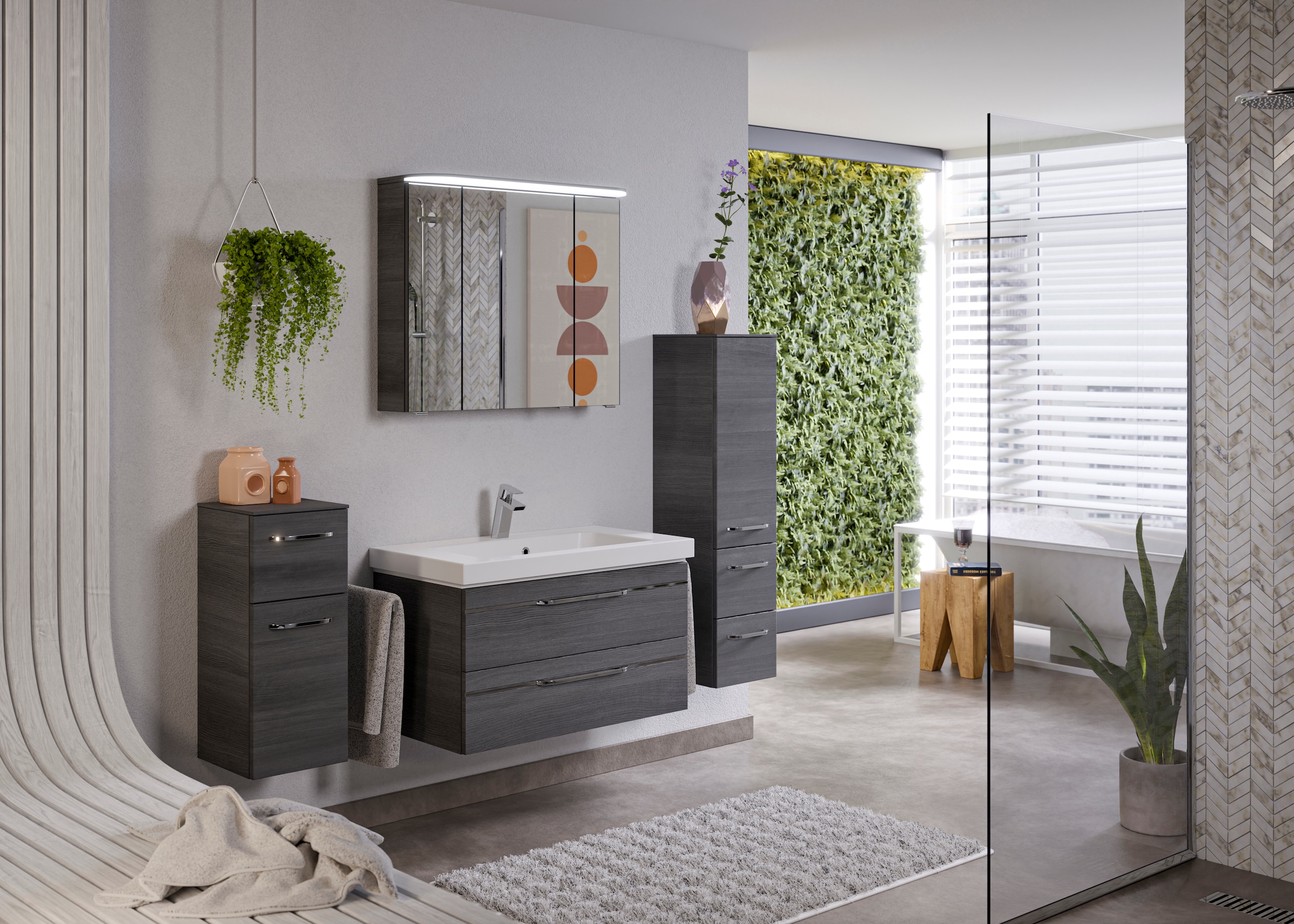 Saphir Badmöbel-Set »Balto Sprint 4-teilig, Mineralmarmor-Waschtisch mit LED-Spiegelschrank«, (5 St.), Midischrank und Unterschrank, inkl Türdämpfer, 5 Türen, 5 Schubladen