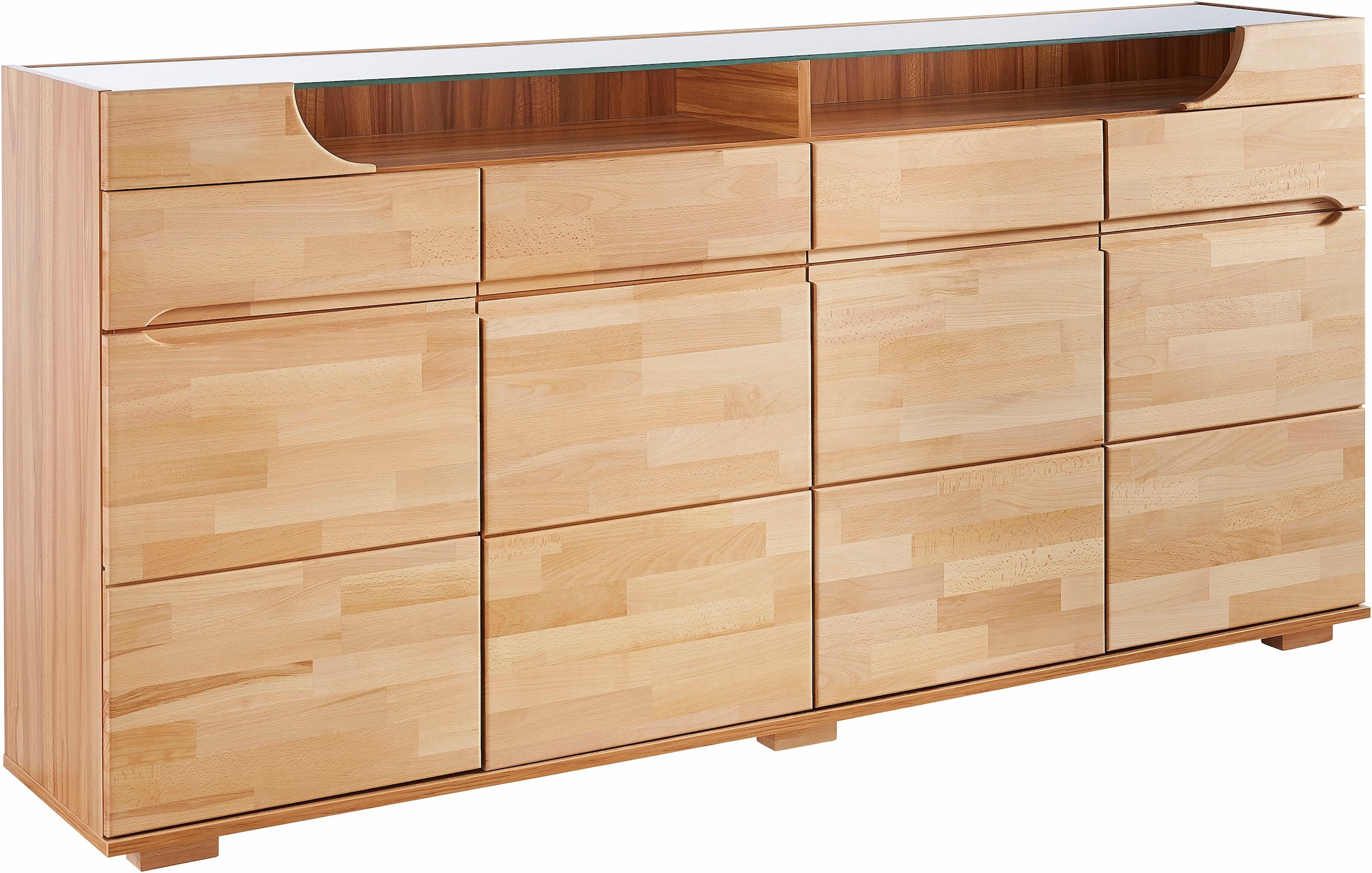 Home affaire Sideboard »Vetro,200cm breit,40 cm tief,4 Schubladen Oberplatte aus Glas«, Kernbuche massiv, Holzwerkstoff, 4Türen,4 Schubladen, Griffmulden