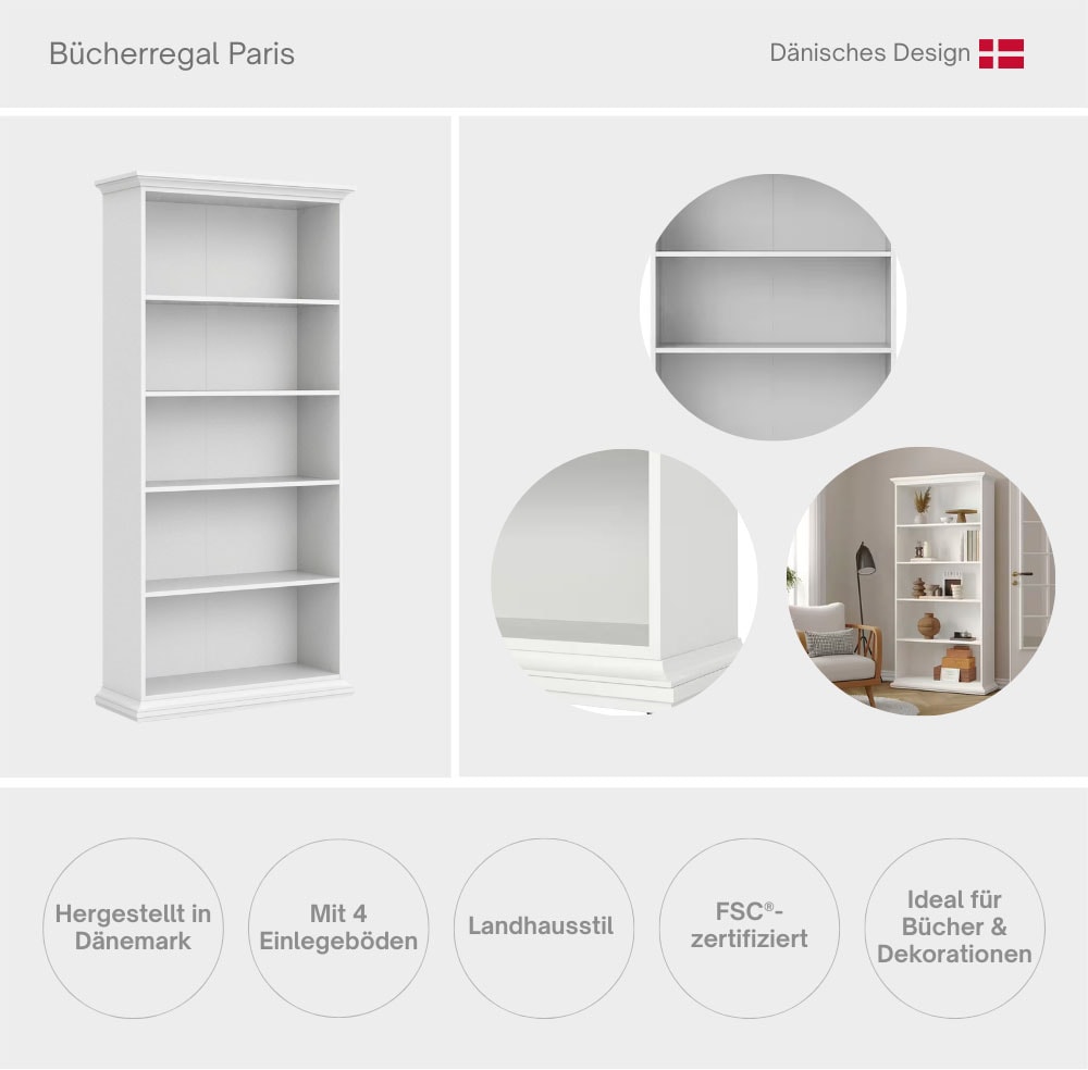 Home affaire Bücherregal »Paris, Regal, Standregal, Stauraumregal, Ablageregal, Multifunktional«, Staurum, mit 4 Einlegböden, viel Stauraum, Kranzleiste, Höhe 200 cm