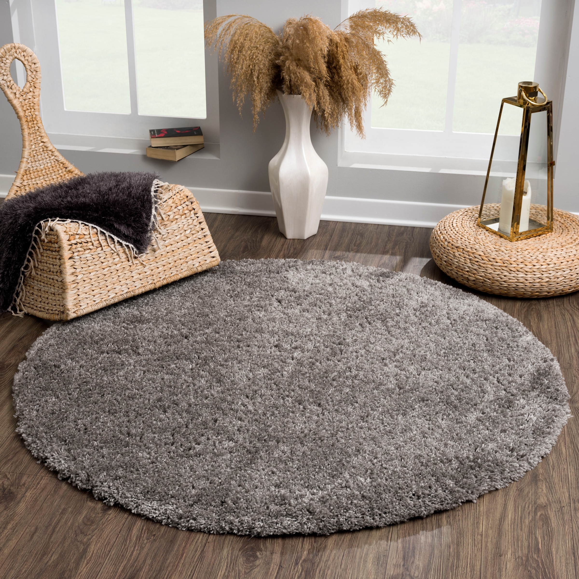 Hochflor-Teppich SANAT "Porto", grau (dunkelgrau), H:45mm Ø:150cm, Kunstfaser, Teppiche, Wohnzimmer, Langflor, Shaggy Teppich