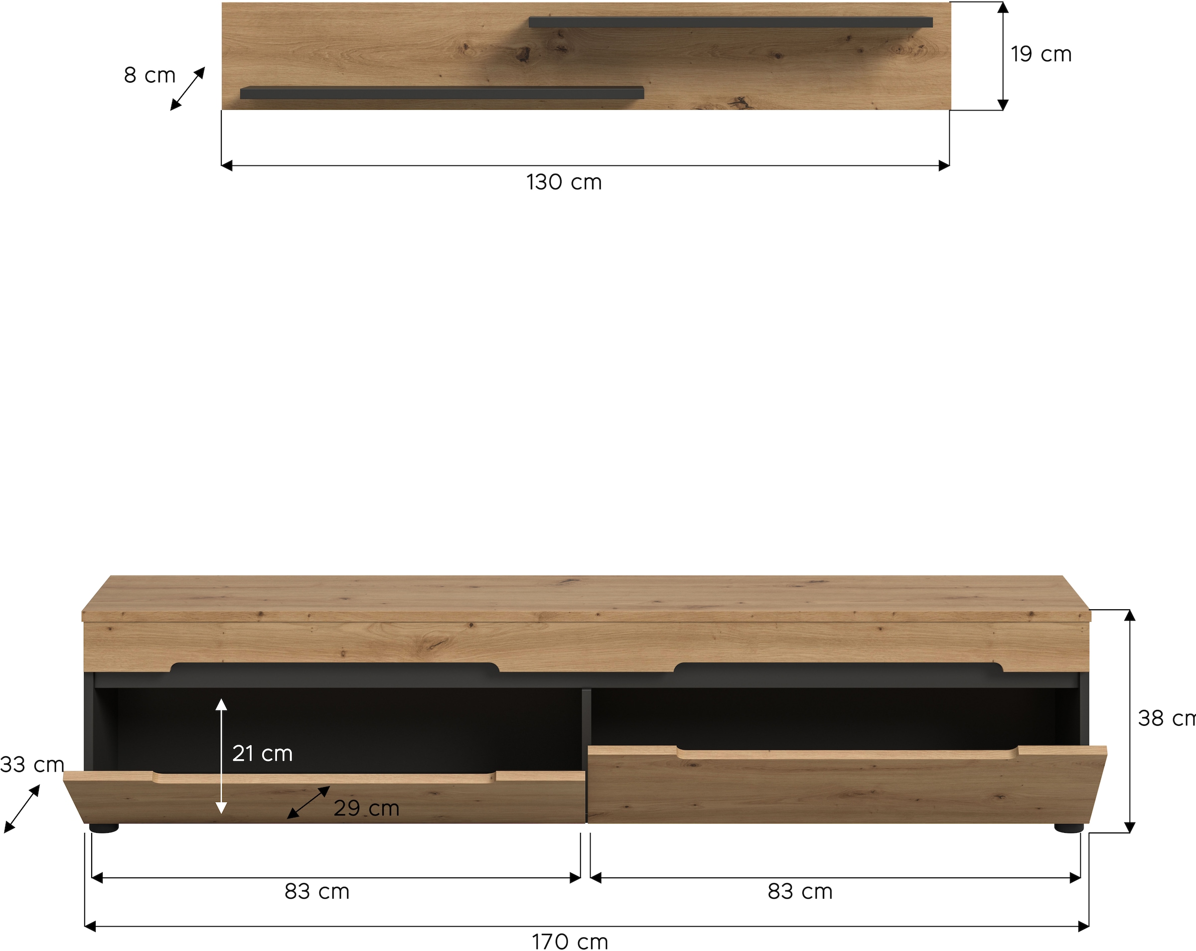 INOSIGN Wohnwand »REHAT, TOPSELLER!, 2-teilig, wahlweise stehend und hängend montierbar« Set bestehend aus: Wandboard (13x19x8 cm) und Lowboard (170x38x33 cm), 2 Stk. tlg.