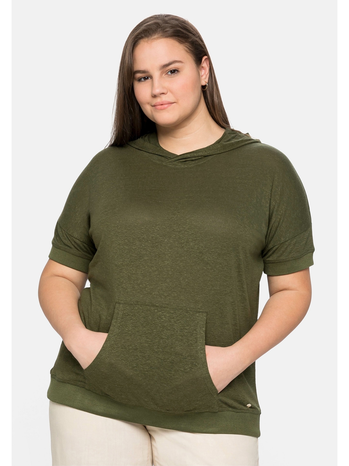 T-Shirt »Große Größen«, mit Kapuze, im Leinen-Baumwoll-Mix