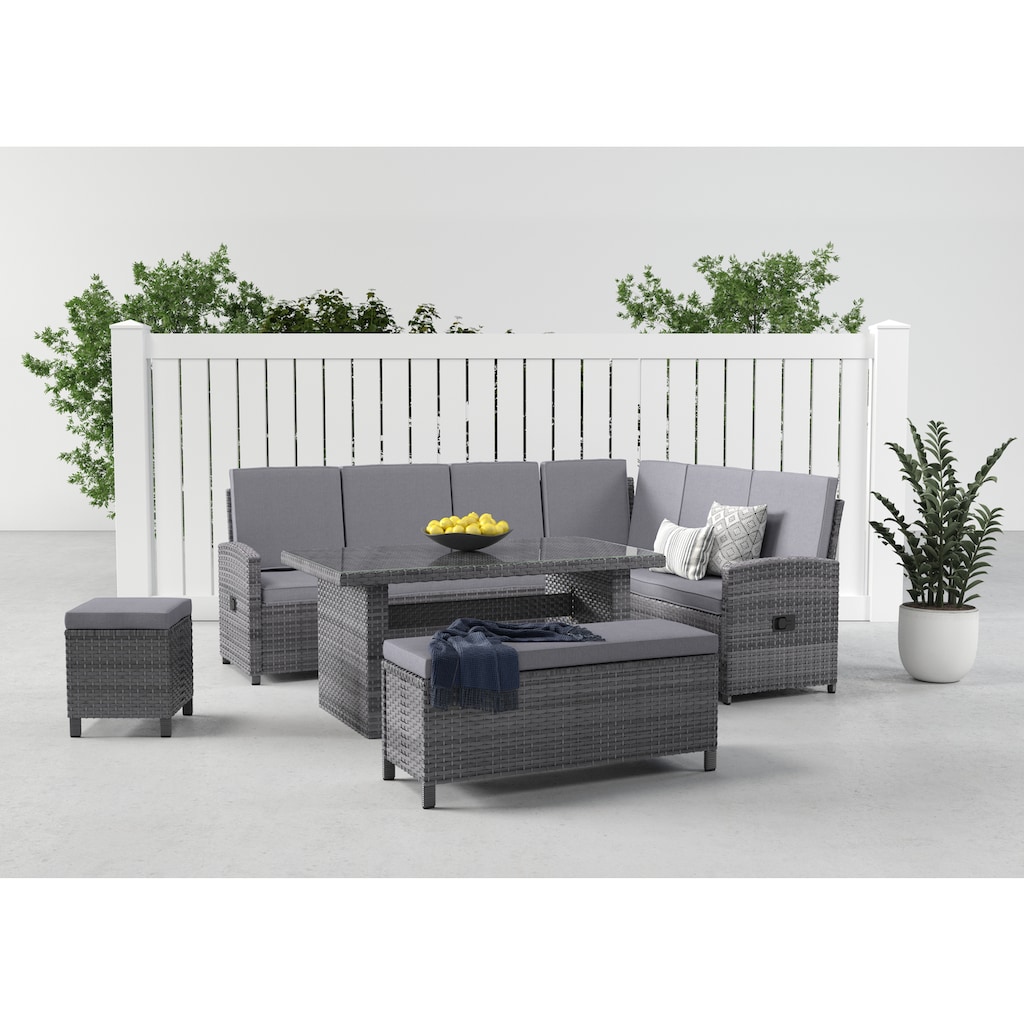 KONIFERA Gartenlounge-Set »Paris«, (Set, 17 tlg., 2x 3er Bank, 1x Sitzbank, 1x Hocker, 1x Tisch 140x80x67cm, Aluminium)