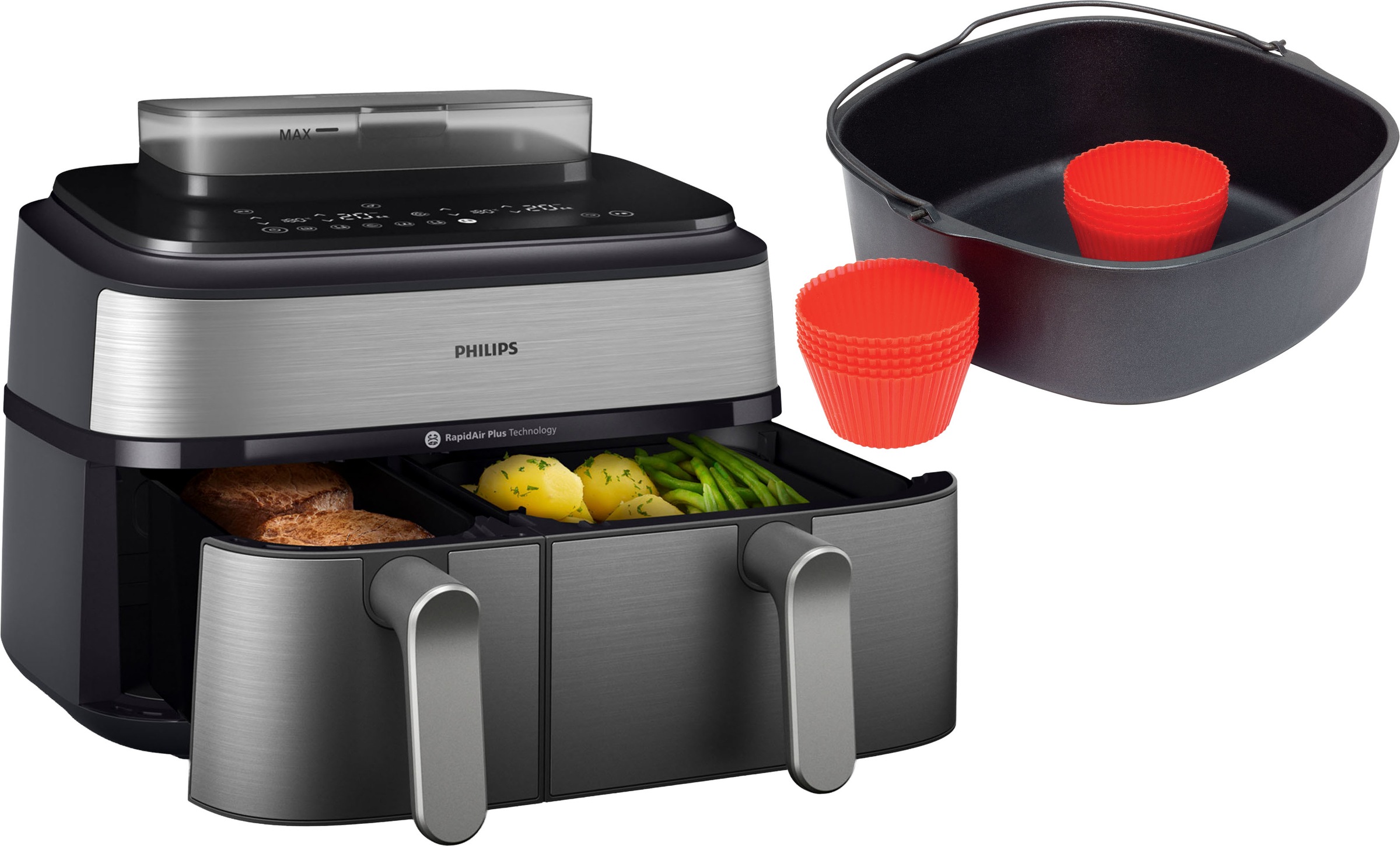 Philips Heißluftfritteuse »NA555/00 Steam Airfryer 5000 Series Dual Basket, 9L Kapazität (3L+6L)«, 2750 W, mit Dampfgar-Funktion; Silber/Edelstahl