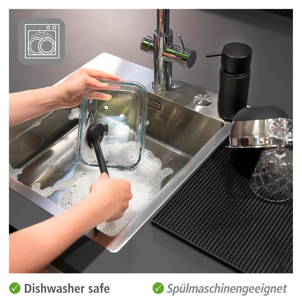 WENKO Küchenorganizer-Set »Black Outdoor Kitchen Spül-Set«, (Set, 2 tlg.), Seifenspender, Spülbürste