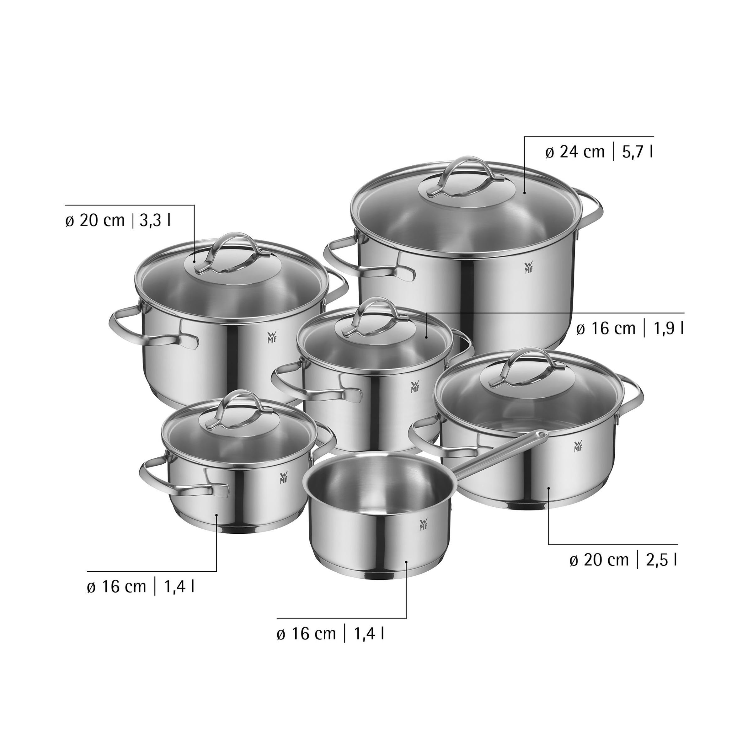 WMF Topf-Set »Provence Plus, Kochtopf Set mit Glasdeckel, spülmaschinengeeignet« Set, 3x Kochtopf Ø 16/20/24cm, 2x Bratentopf Ø 16/20cm, 1 Kasserolle Ø 16cm, 11 tlg. Cromargan® Edelstahl Rostfrei 18/10