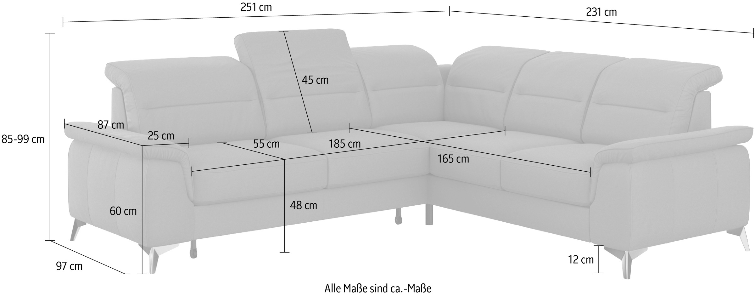 sit&more Ecksofa »Sinatra L-Form«, optinal mit Kopfteilverstellung und Armteilfunktion, Metallfüße