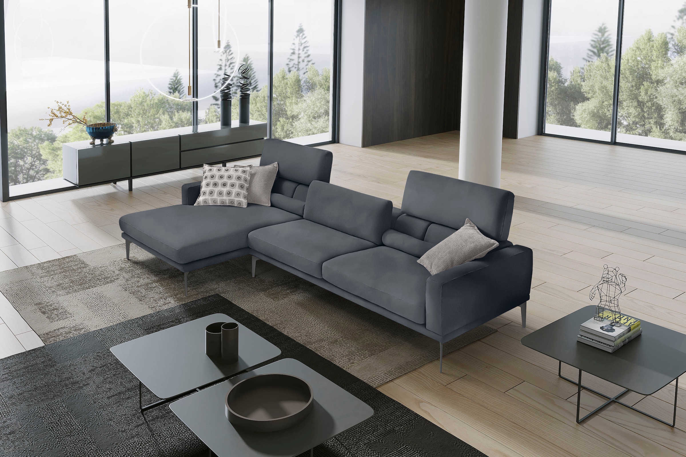 Egoitaliano Ecksofa "Masu, Design trifft sensationellen Sitzkomfort, Breite 277cm, L-Form" inkl. 2 Kissenrollen, Rückenelemente manuell verstellbar, Metallfüße