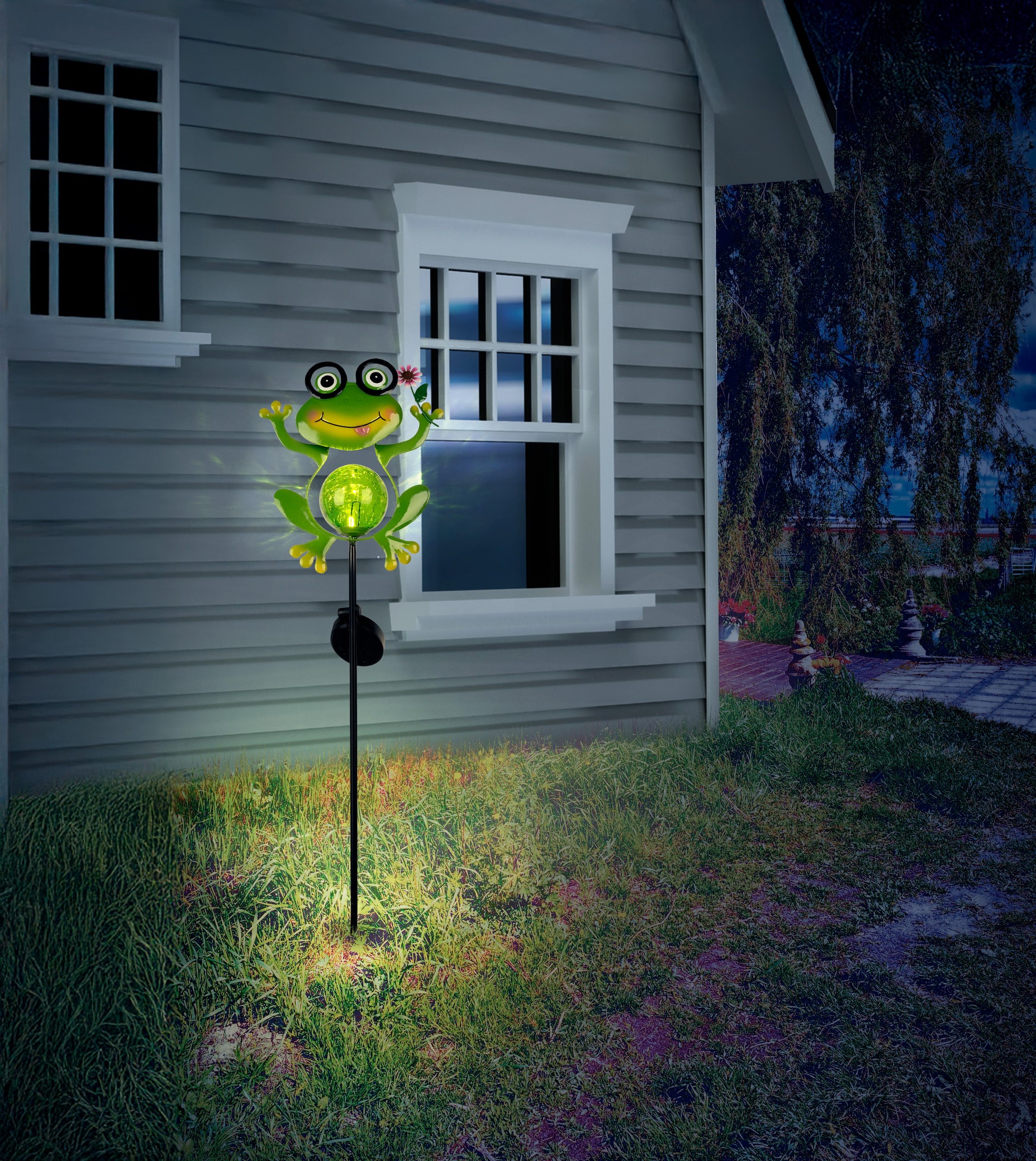näve LED Solarleuchte »Froggy« LED-Modul 1 Stk. Warmweiß Erdspieß Frosch mit Blume, grün, H: 90cm, warmweiß, 6-8h Leuchtdauer