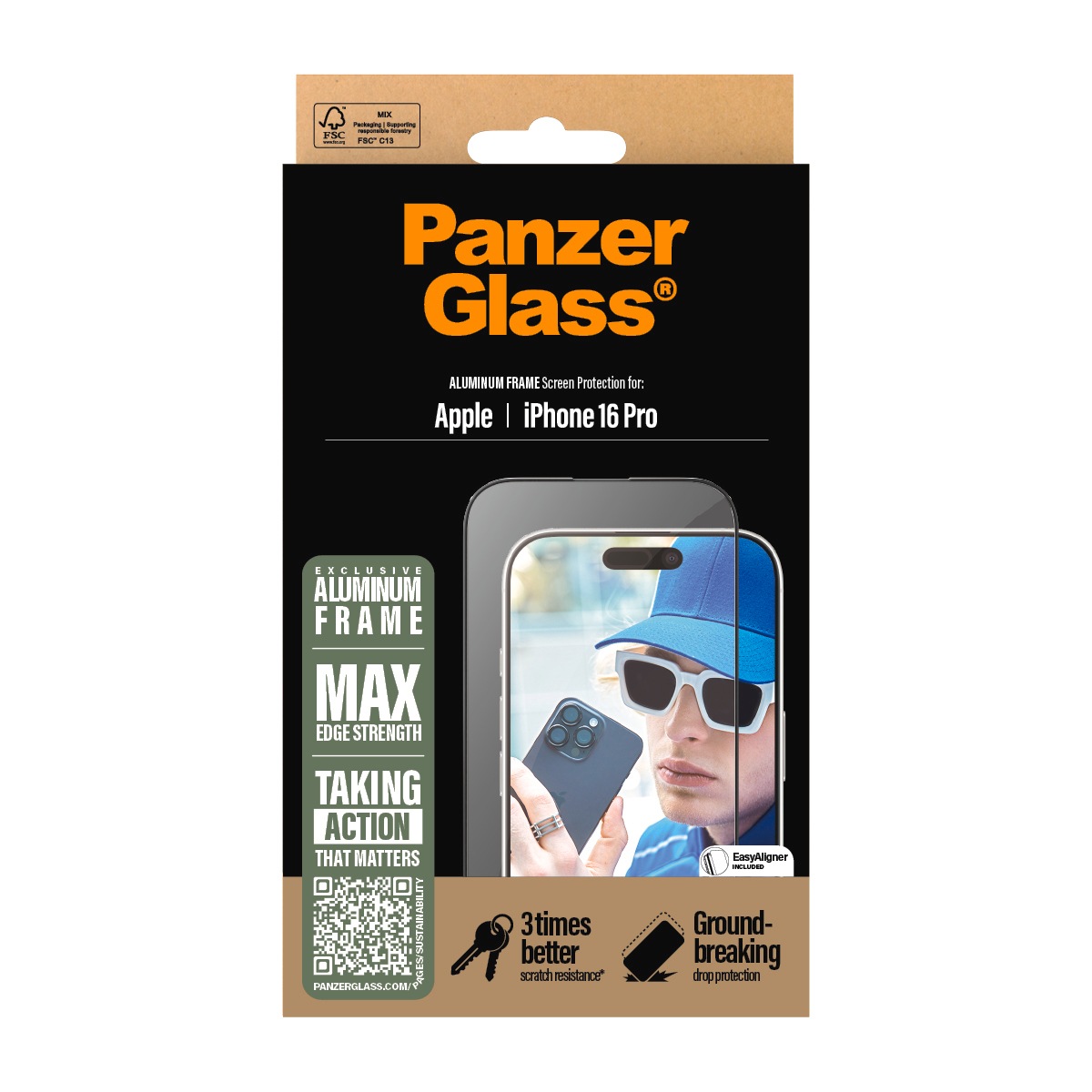 PanzerGlass Displayschutzglas »Aluminum Frame Screen Protection«, für Apple iPhone 16 Pro, Displayschutzfolie, Schutzfolie, Bildschirmschutz, kratz- & stoßfest