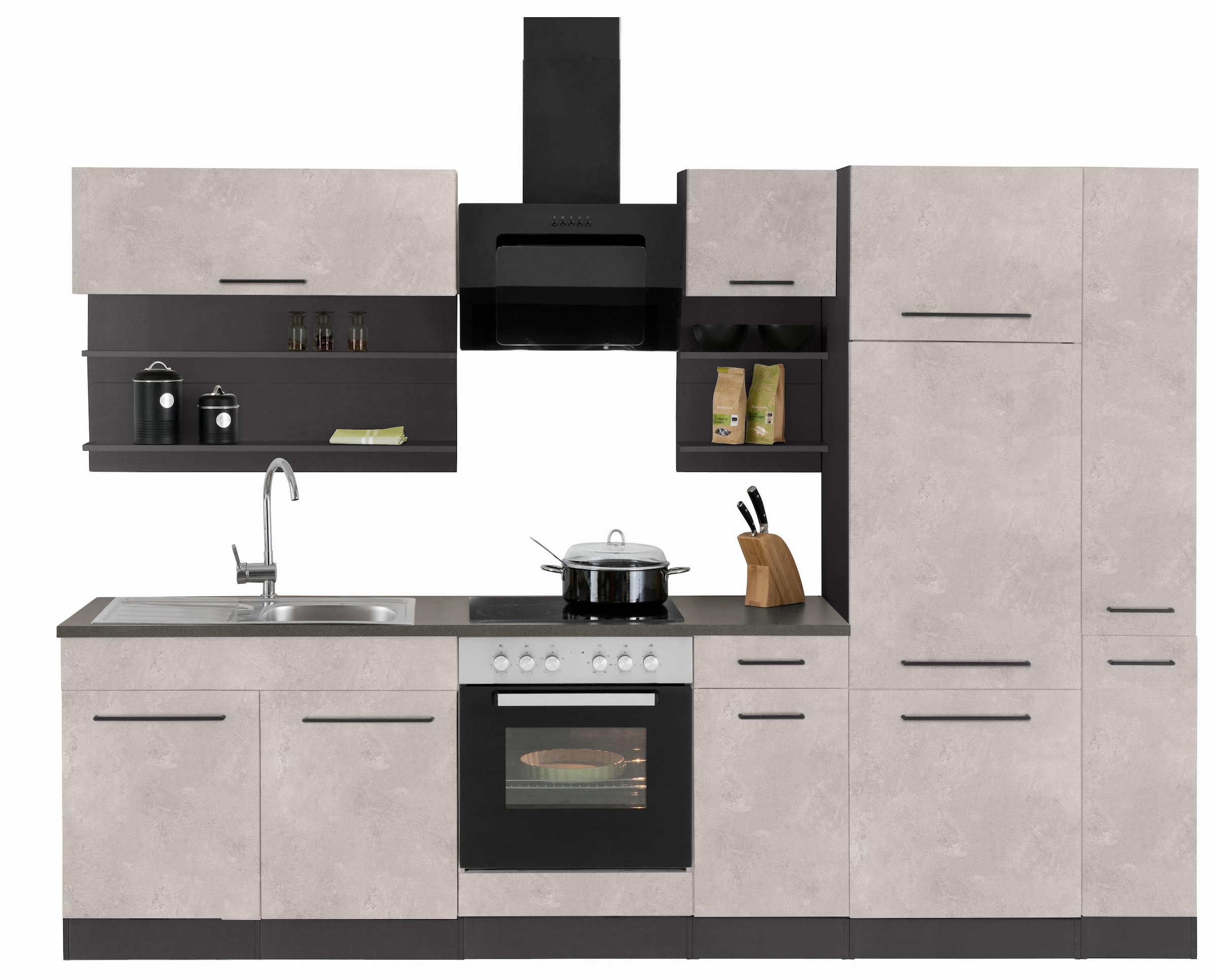 KOCHSTATION Küchenzeile "KS-Tulsa", mit E-Geräten, Breite 300 cm, schwarze Metallgriffe, MDF Fronten