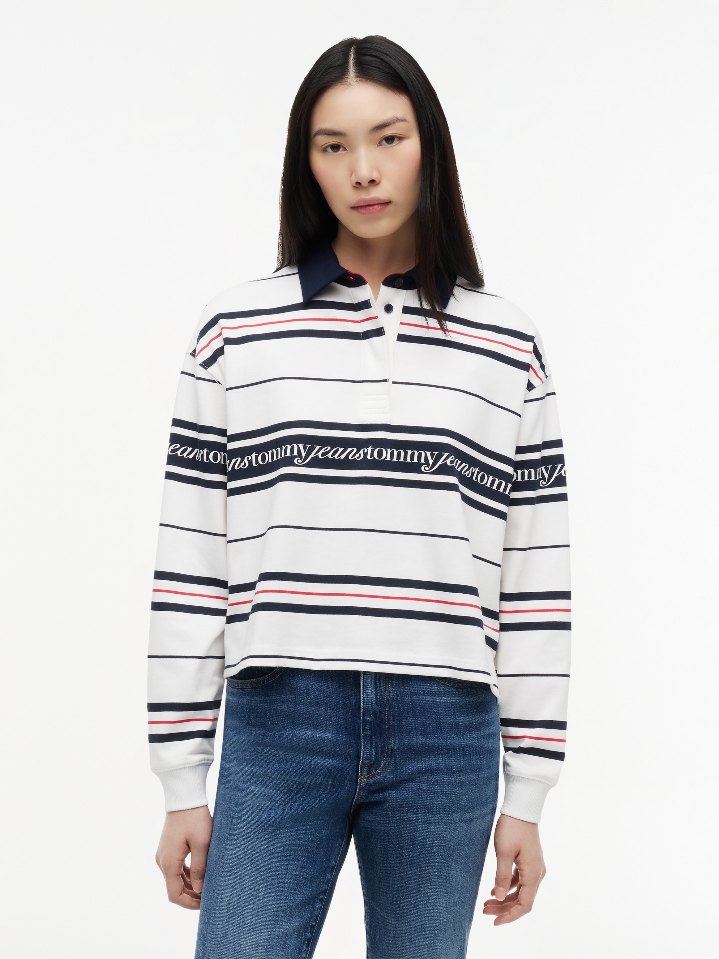 Tommy Jeans Sweatshirt "TJW RLX SCRIPT RUGBY", Baumwolle, relaxed fit, Polokragen