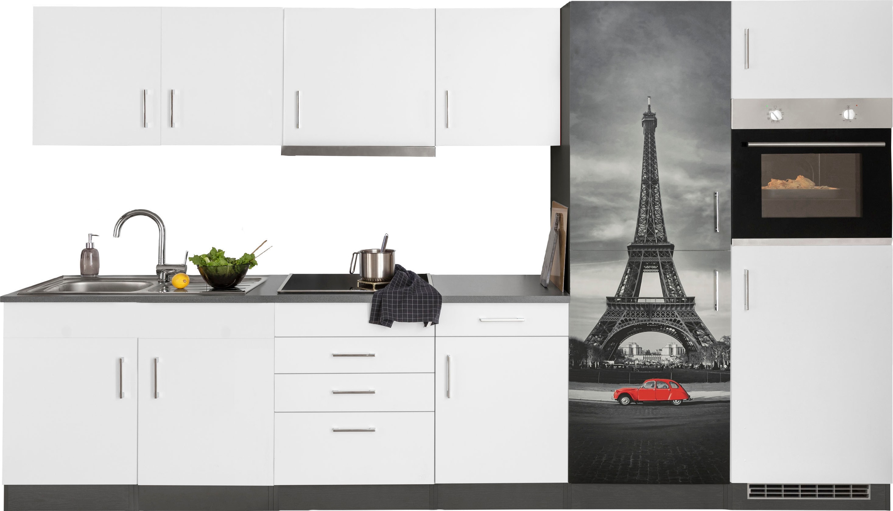 KOCHSTATION Küchenzeile "KS-Paris – Küchen mit einzigartigen Fotomotiven auf den Fronten" Breite 330 cm, wahlweise mit E-Geräten und Induktion