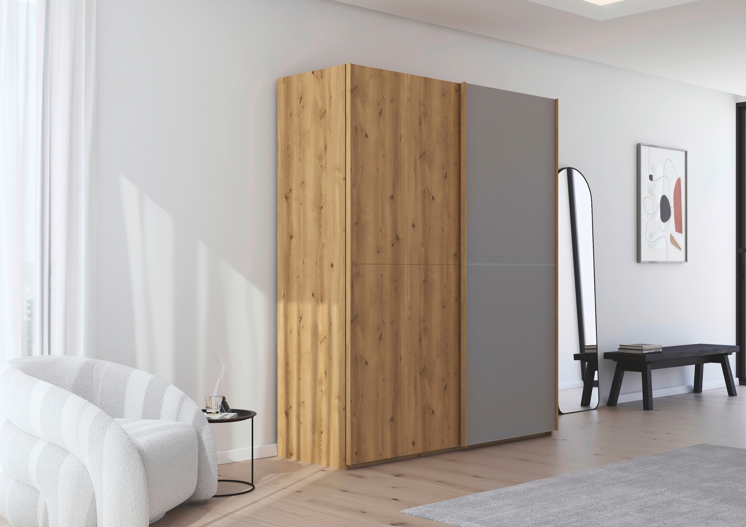 rauch Schwebetürenschrank »Kleiderschrank Schrank Garderobe Schlafzimmerschrank SCALE-WOOD«, edle geteilte Front in massiver Asteiche mit Glastüren MADE IN GERMANY