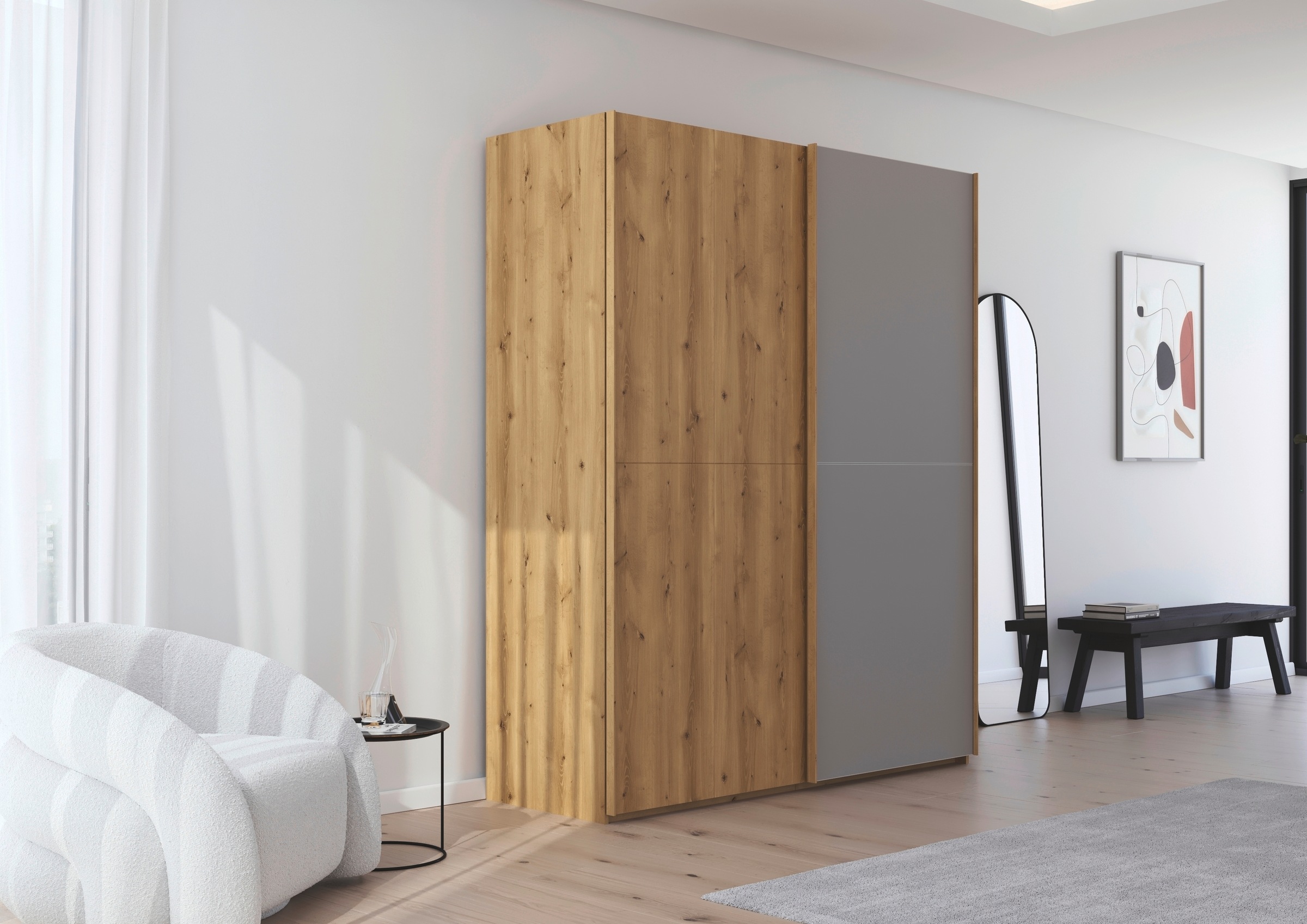 Thumbnail - rauch Schwebetürenschrank "Kleiderschrank Schrank Garderobe Schlafzimmerschrank SCALE-WOOD", edle geteilte Front in mass...