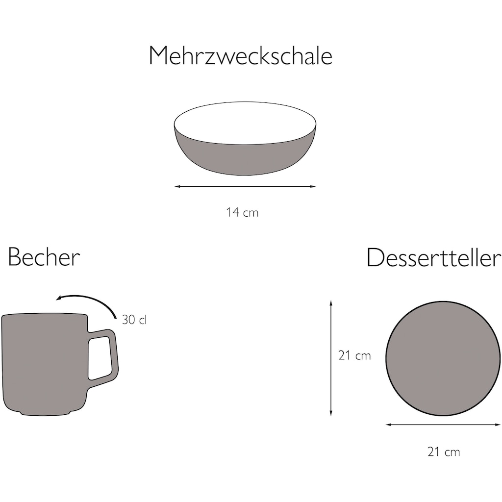 CreaTable Frühstücks-Geschirrset »Service, Cosy Morning (Teller, Schale, Kaffeebecher)«, (Set, 12 tlg., Kaffeebecher, Dessertteller und Müslischalen im Set, für 4 Personen)