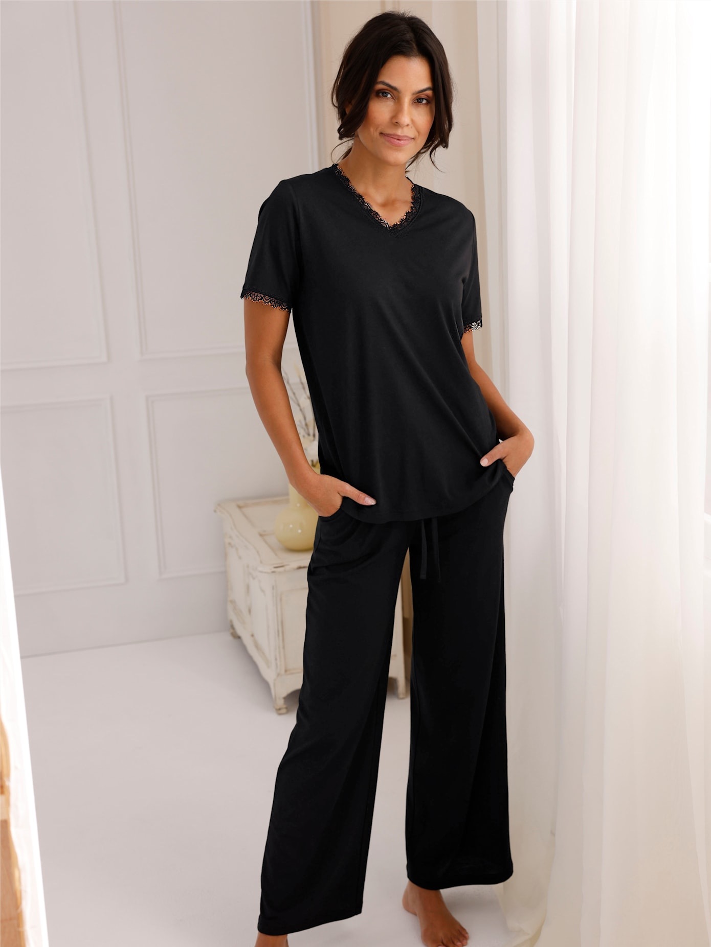 WÄSCHEPUR Damen Schlafanzug, Gr. 40schwarz, 50% Baumwolle, 50% Viskose, Homewear-Sets