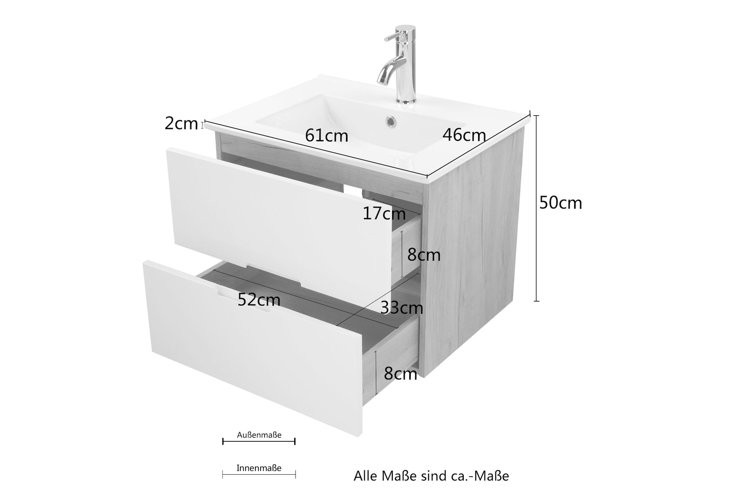 andas Waschtisch »Lund Badmöbel Schrank Unterschrank mit Becken«,  Waschplatz mit 2 Auszügen und Waschbecken Breite 60cm | BAUR