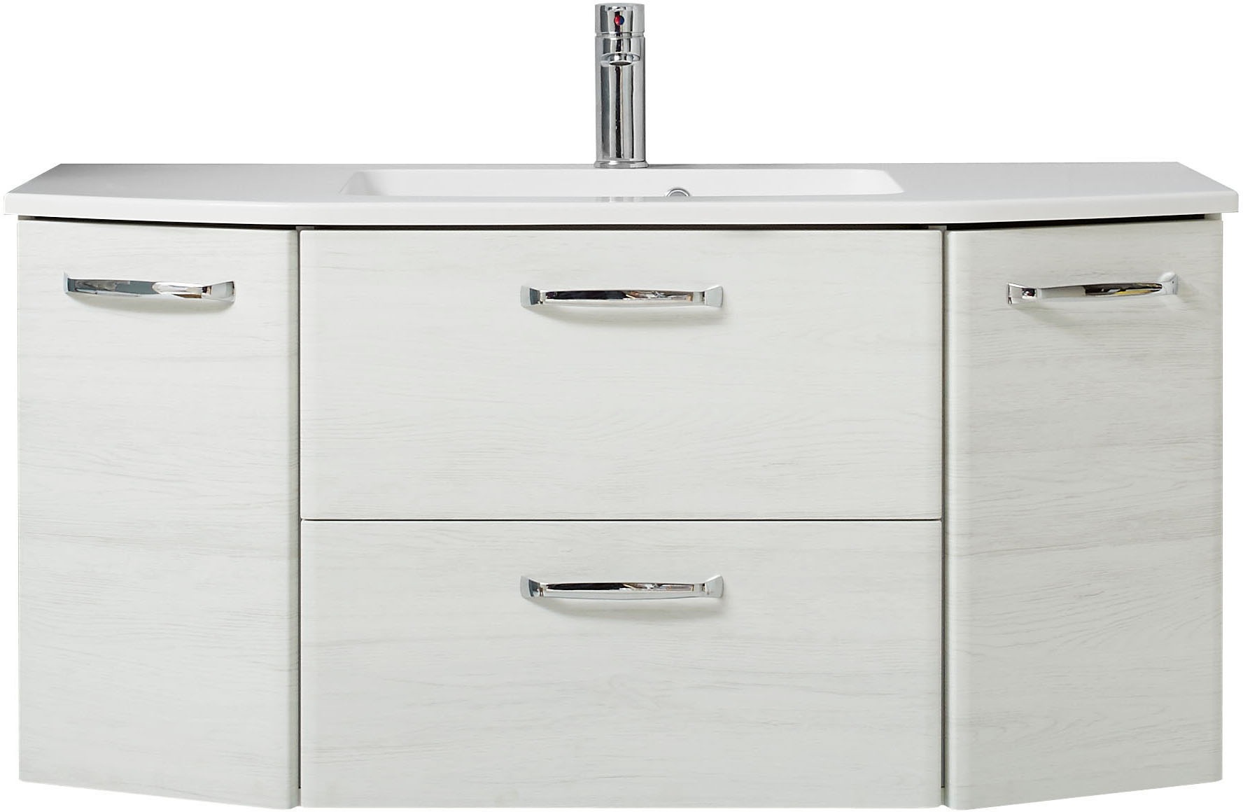 Saphir Badmöbel-Set »Quickset 936 4-teilig, Mineralmarmor-Waschtisch und LED-Spiegelschrank«, (Set, 4 St.), 2 Hochschränke, Eiche Weiß quer Nachbildung, inkl. Türdämpfer, 9 Türen