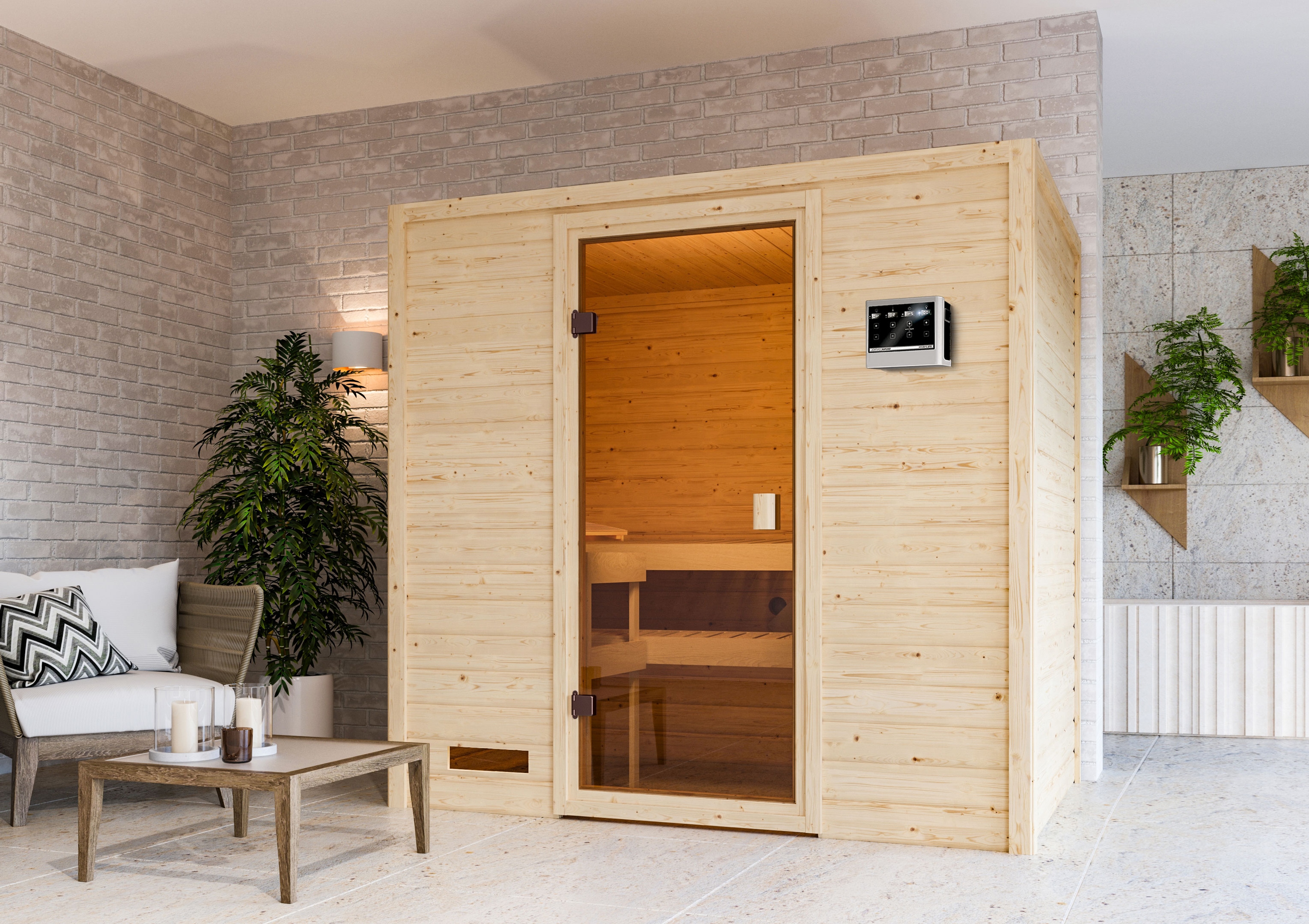 Karibu Sauna ""Sunie" mit bronzierter Tür SET, naturbelassen, mit Ofen 9 kW" aus hochwertiger nordischer Fichte