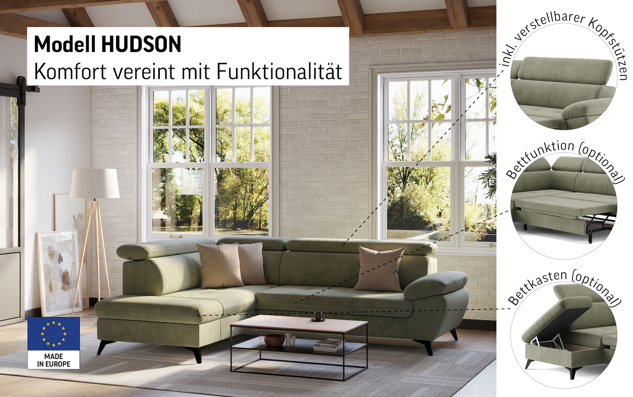 COTTA Ecksofa »Hudson L-Form« mit Kopfteilverstellung, wahlweise mit Bettfunktion & Bettkasten
