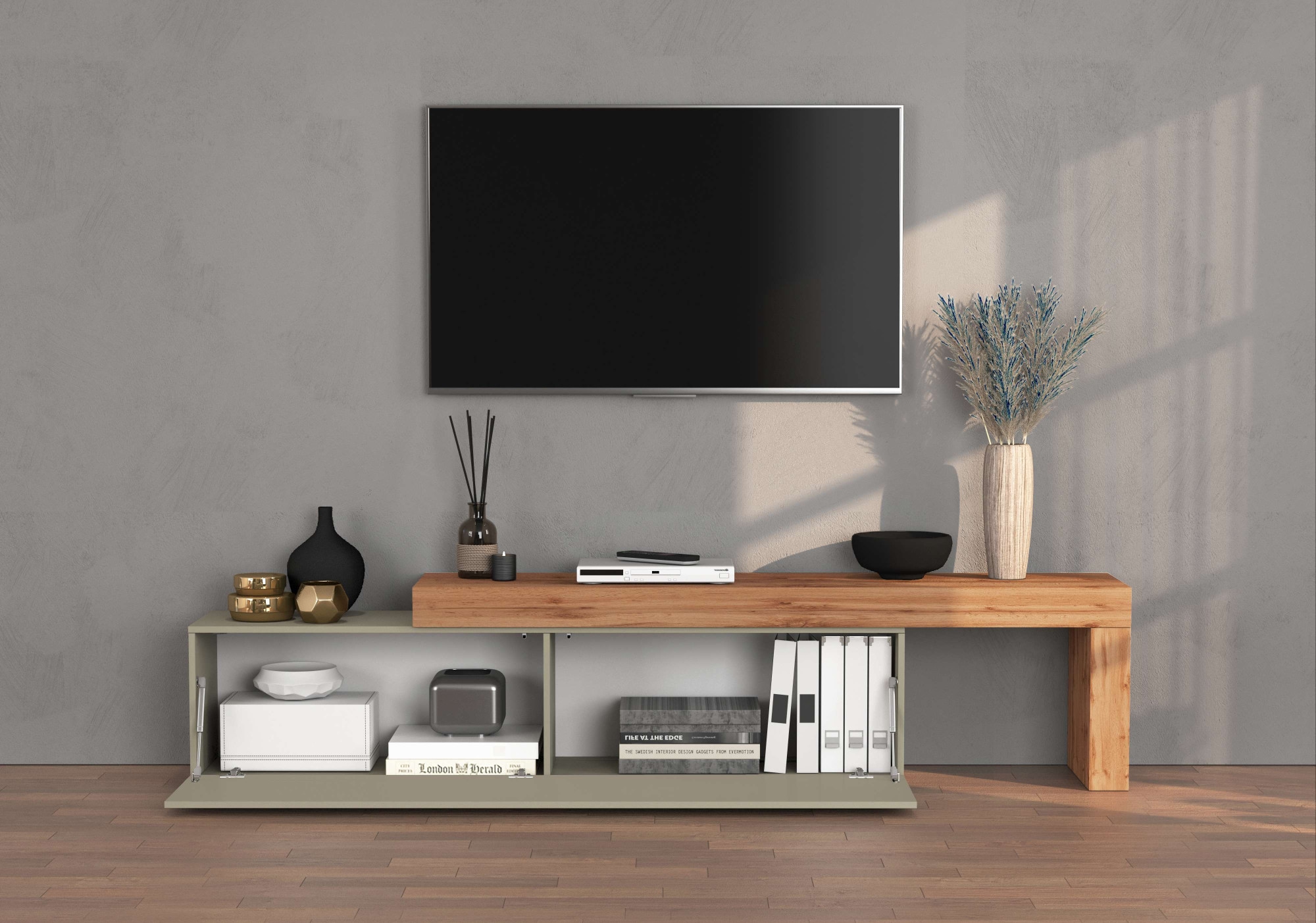 INOSIGN Lowboard »Chronos TV-Board, TV-Schrank«, (1 St., Breite verstellbar von 190 bis 350 cm), Breite 270 cm TV-Board,Lowboard,1 Klappe und ein L-Förmiger Aufsatz