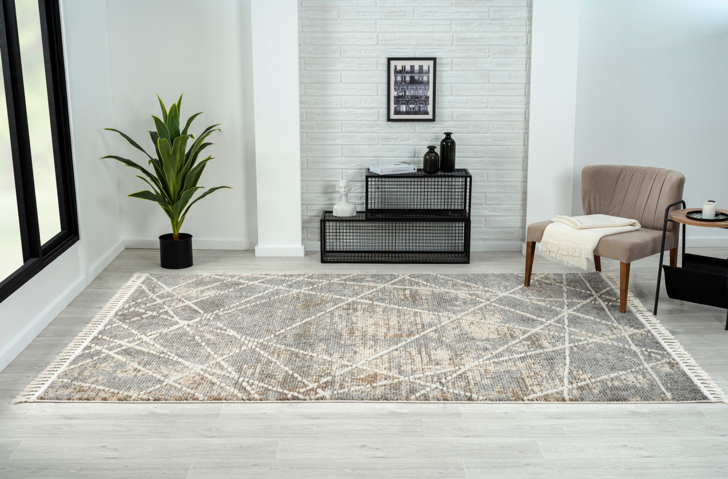 Myflair Möbel & Accessoires Teppich »Nelia Lagerräumung«, rechteckig, 15 mm Höhe, Kurzflor, mit Hoch-Tief Effekt, Microfaser, mit Fransen