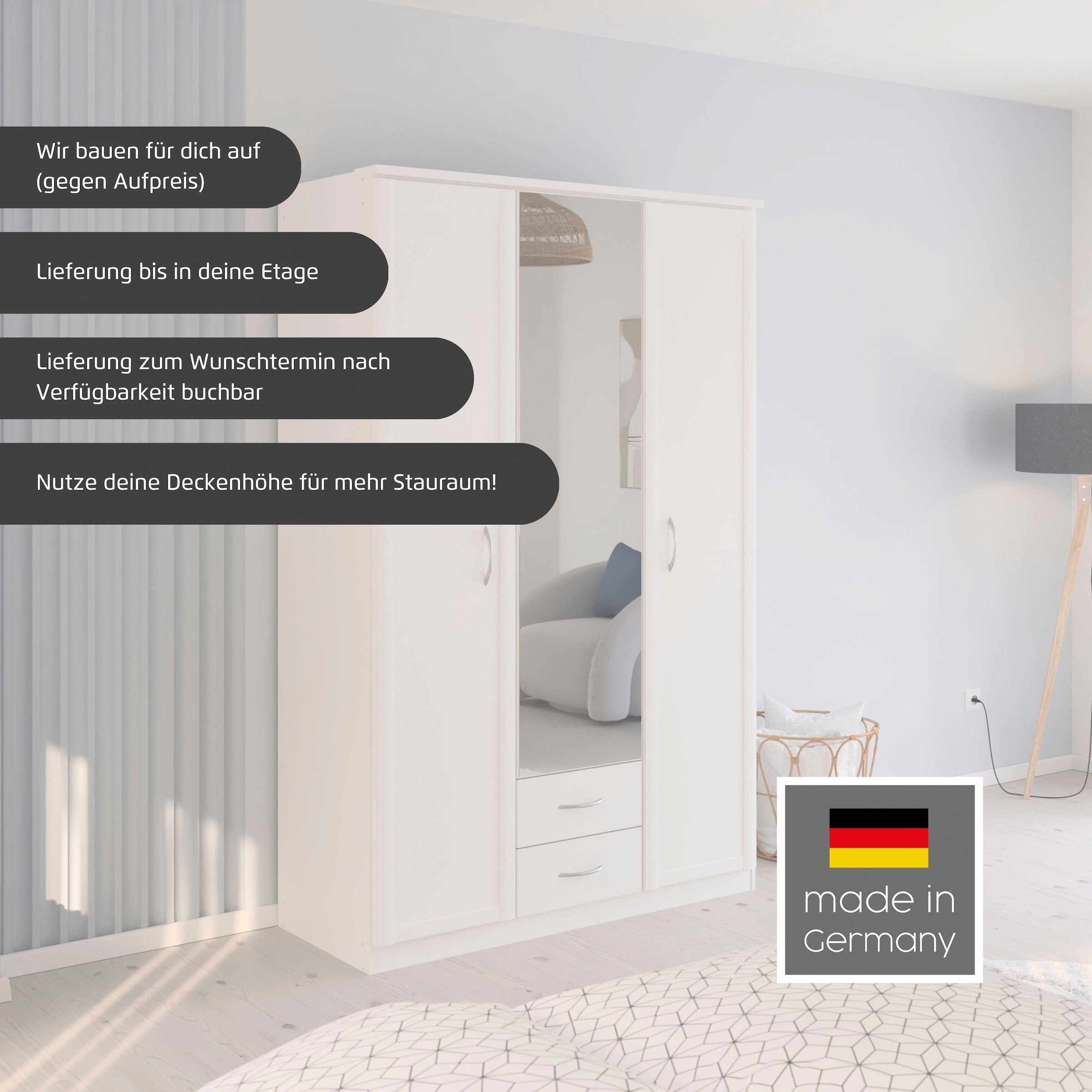 rauch Kleiderschrank »Schrank Garderobe Garderobenschrank Putzschrank Wäscheschrank TORRENT« Breiten 91/136/181 cm, Höhe 210 cm,  optional Außenschubladen und Spiegel, viel Stauraum MADE IN GERMANY