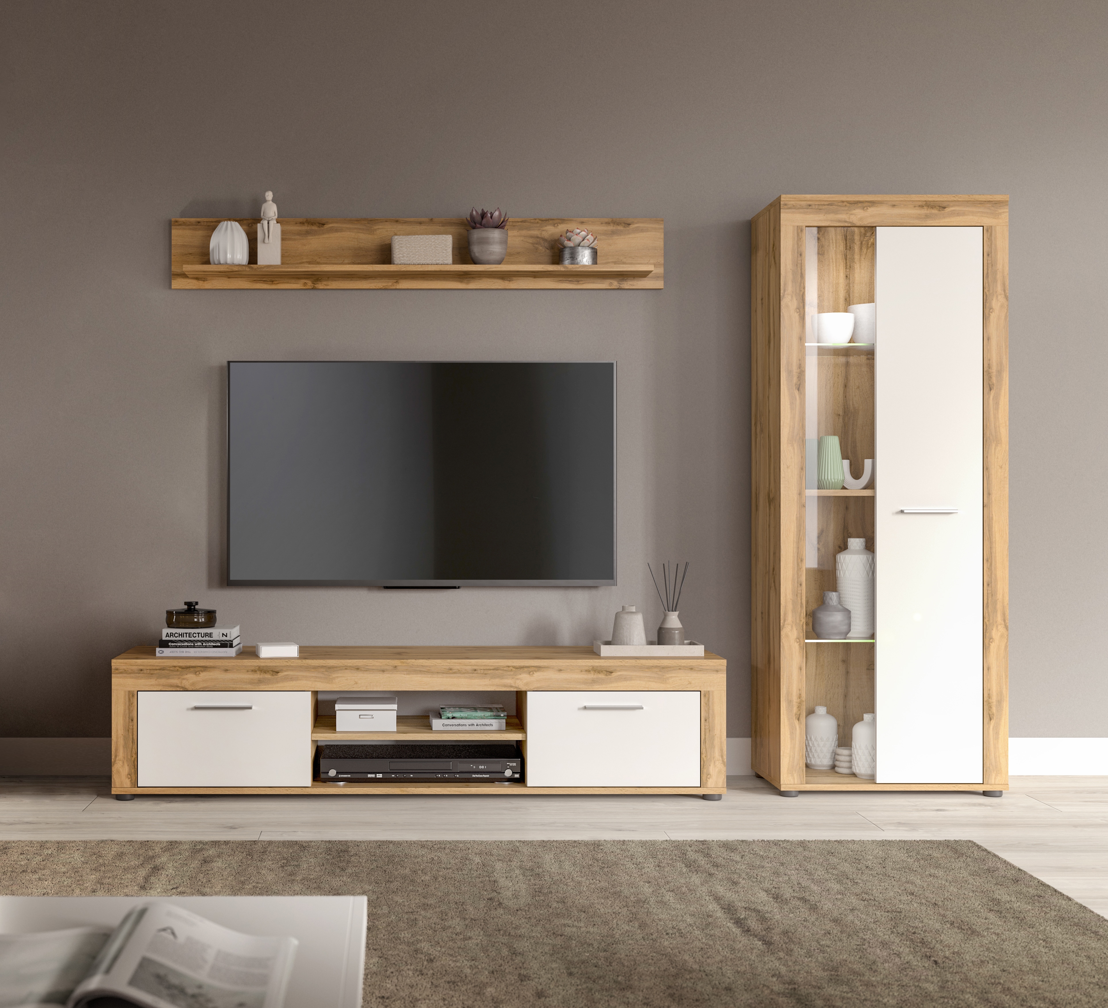 OTTO home Wohnwand "AOSTA, Breite 235cm, 3-teilige Wohn-Kombination" bestehend aus: Lowboard, Wandboard, Vitrine, 3 Stk. tlg.