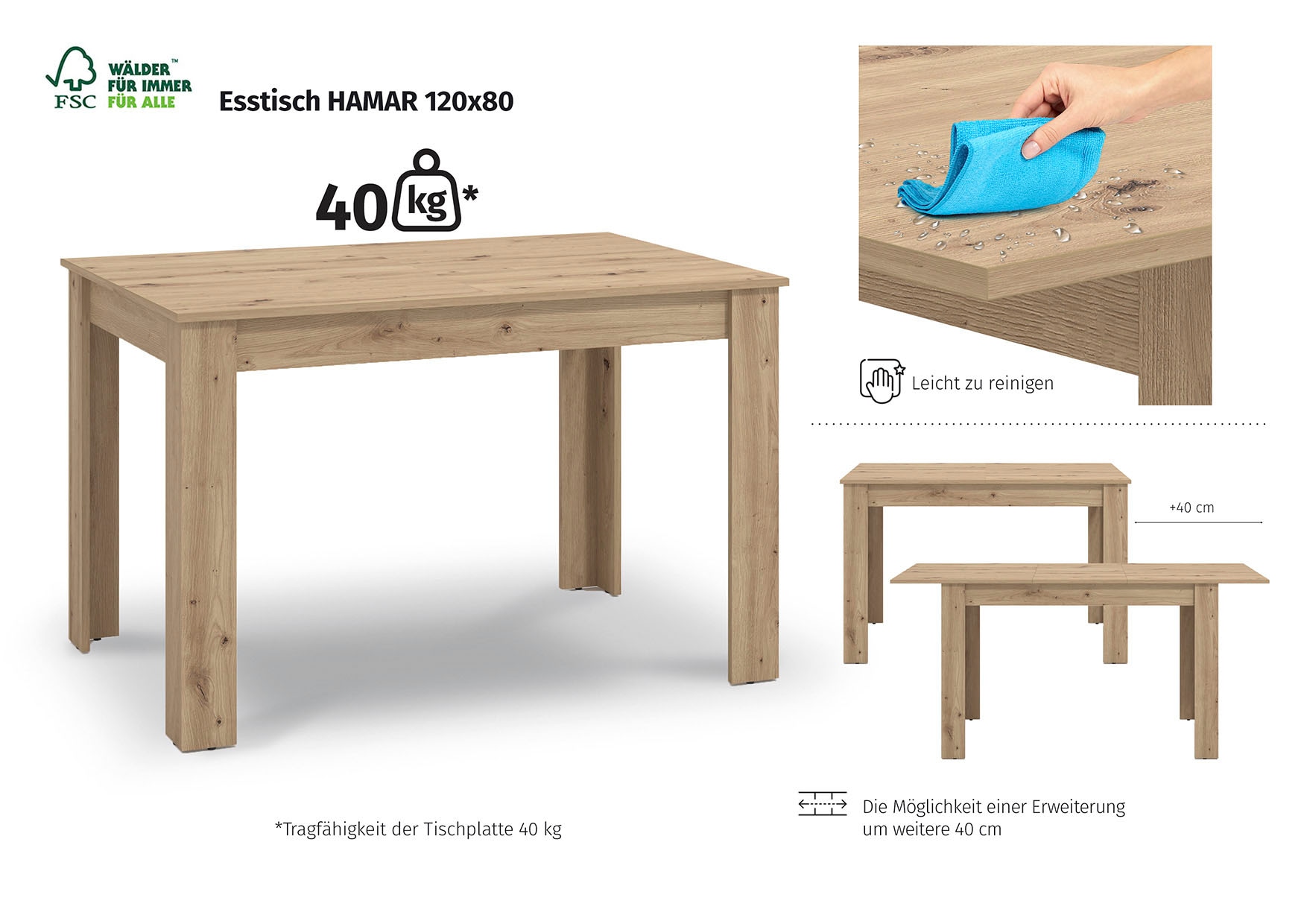 Home affaire Esstisch »Hamar Esszimmertisch 120x80, Weiß oder Eiche Holz Küchentisch« Verlängerbar durch Einlegeplatte,  max. Breite 160 cm