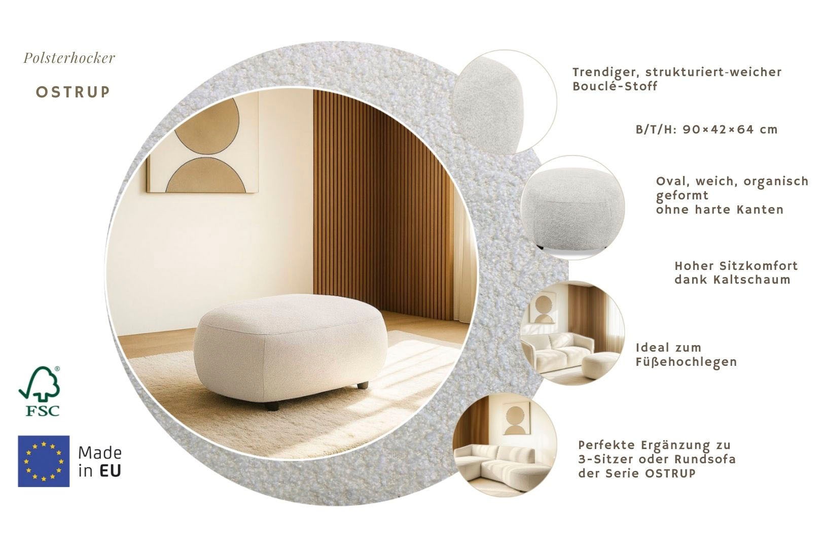 Thumbnail - Home affaire Polsterhocker "OSTRUP, Naturtöne, Boucle" 90x64 cm, organische Form mit sanften Rundungen